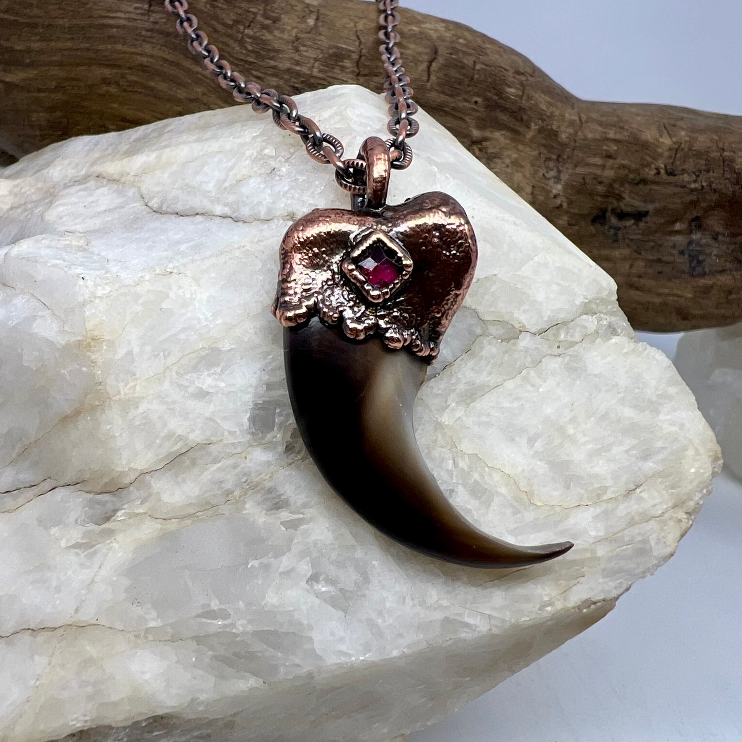 Black Bear Claw with Garnet Accent, Large Front Claw - Copper Electroformed Necklace