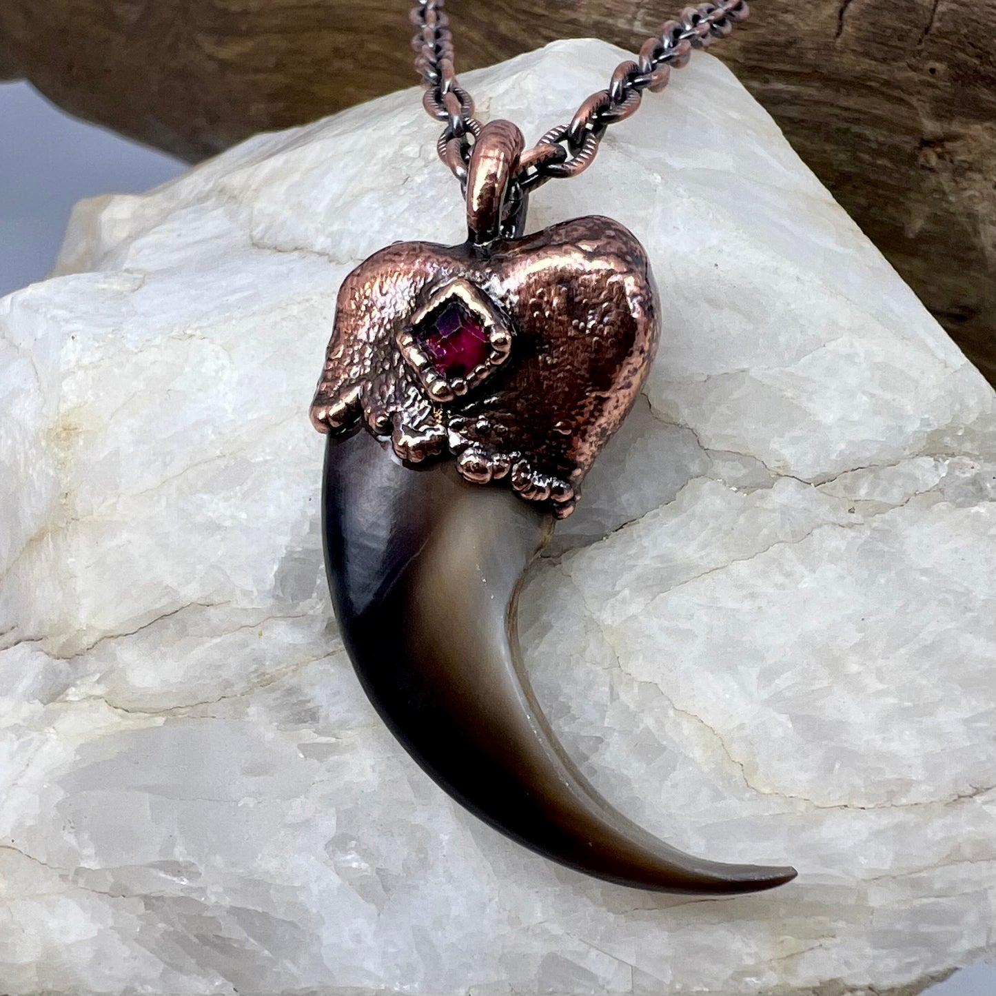 Black Bear Claw with Garnet Accent, Large Front Claw - Copper Electroformed Necklace