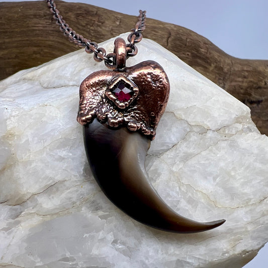 Black Bear Claw with Garnet Accent, Large Front Claw - Copper Electroformed Necklace