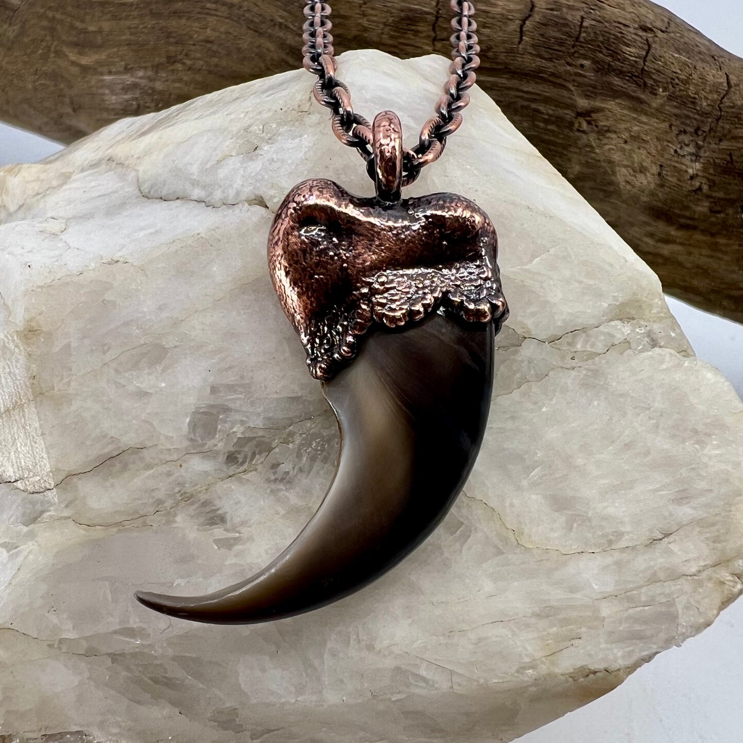 Black Bear Claw with Garnet Accent, Large Front Claw - Copper Electroformed Necklace