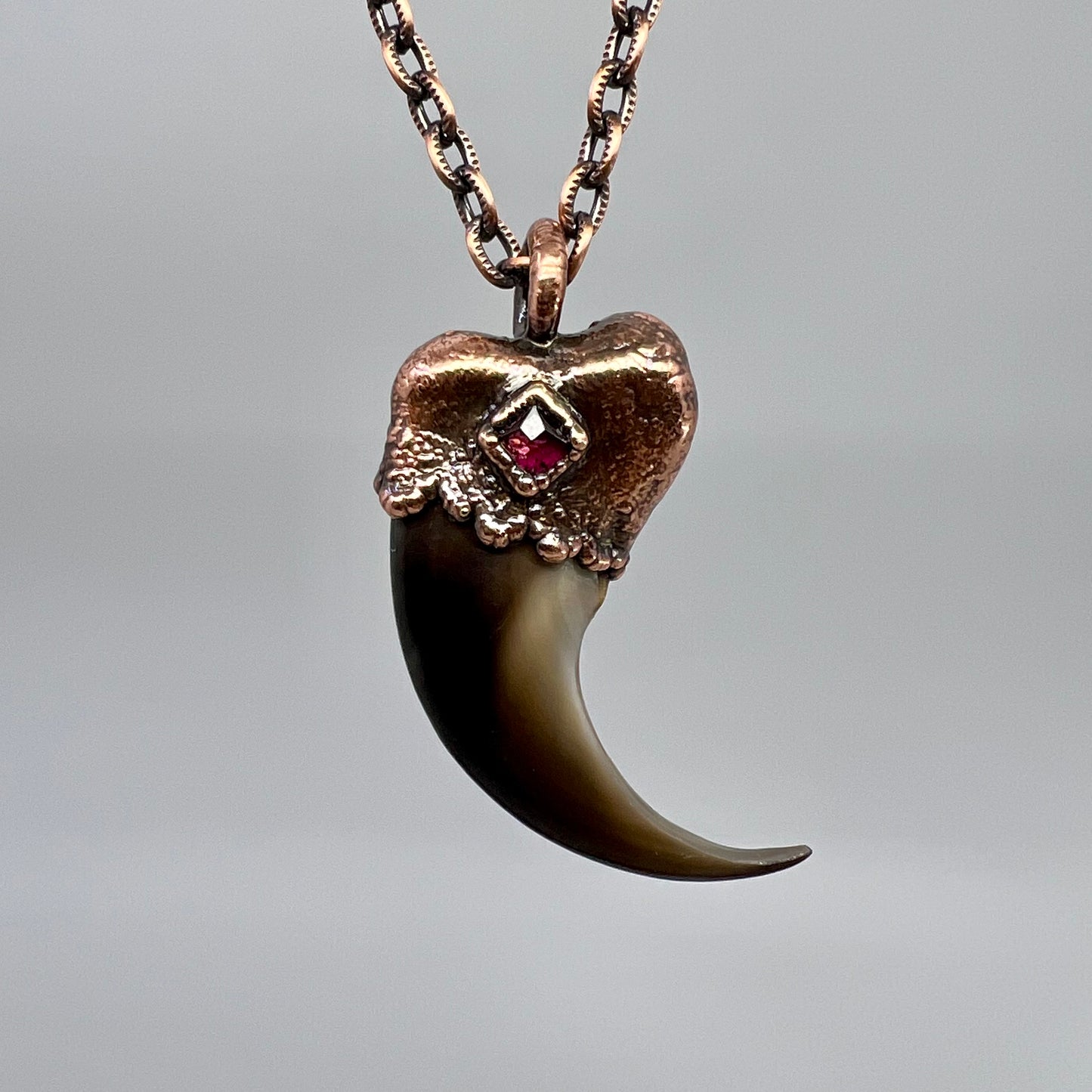 Black Bear Claw with Garnet Accent, Large Front Claw - Copper Electroformed Necklace