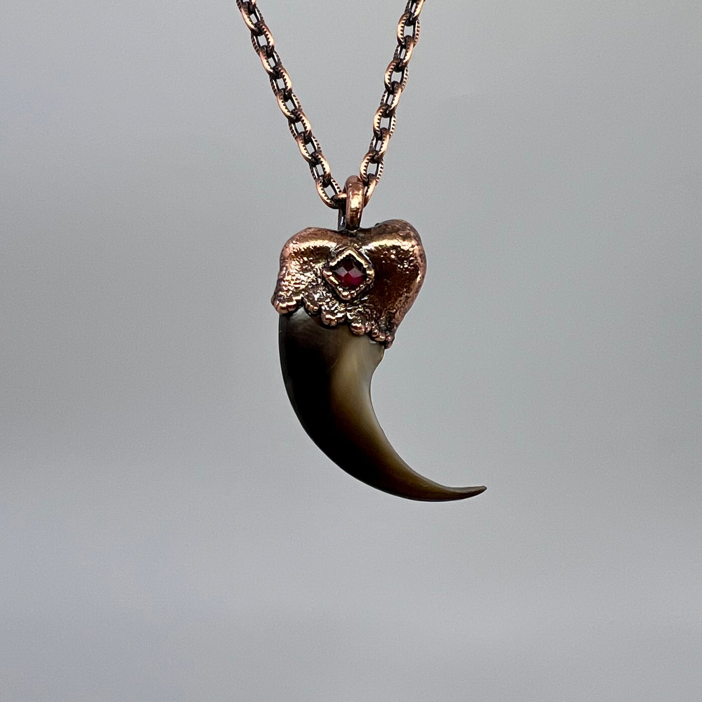 Black Bear Claw with Garnet Accent, Large Front Claw - Copper Electroformed Necklace