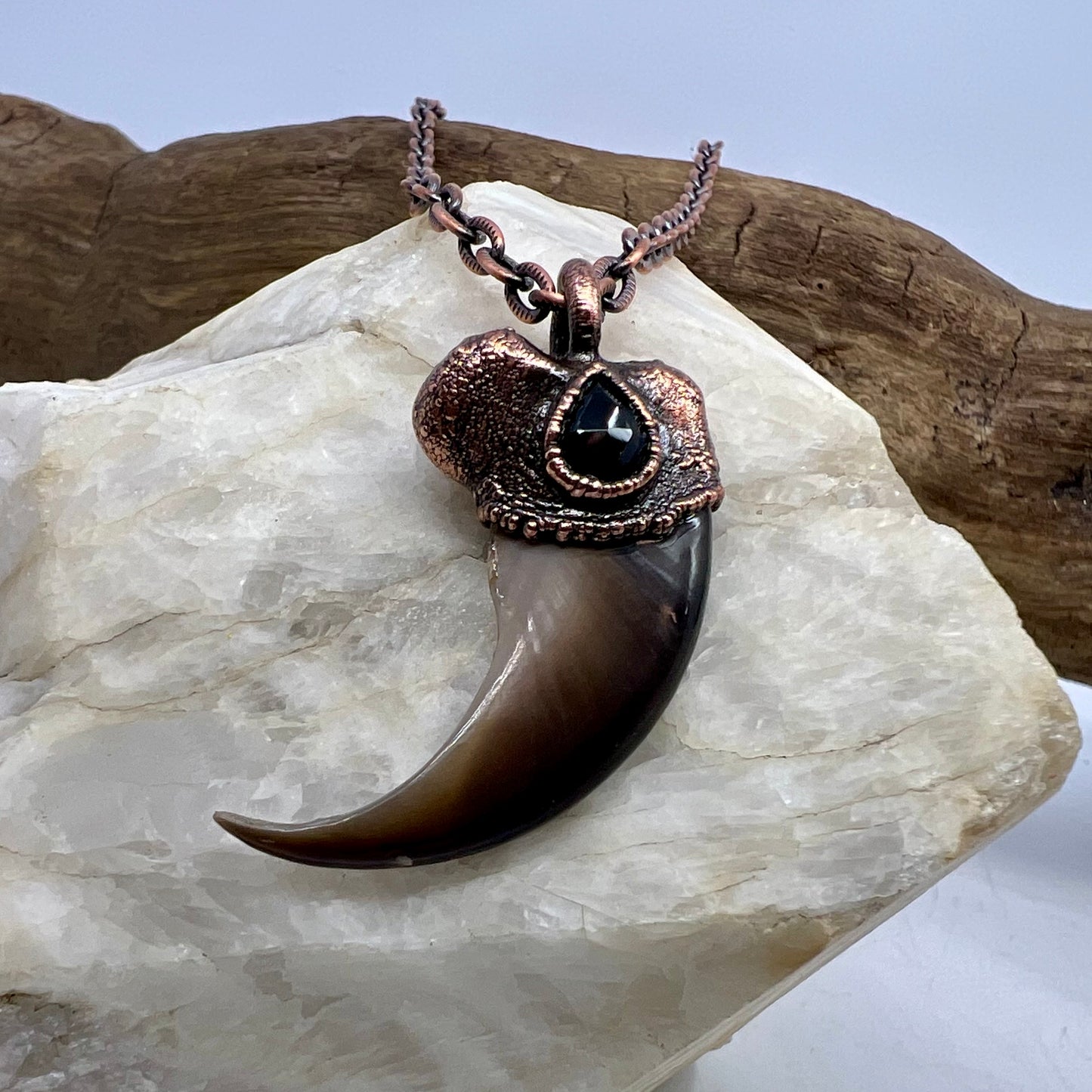 Black Bear Claw with Spinel Accent, Large Front Claw - Copper Electroformed Necklace