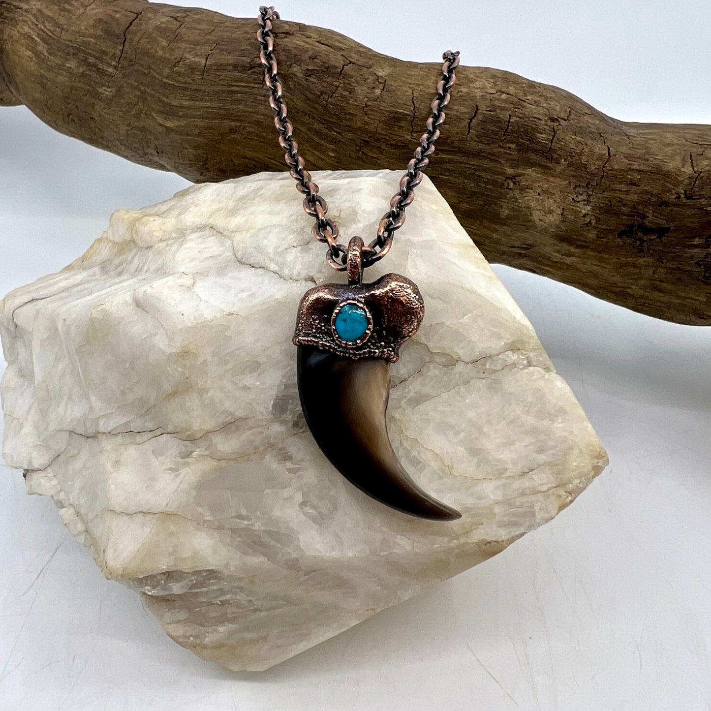 Black Bear Claw with Turquoise Accent, Large Front Claw - Copper Electroformed Necklace