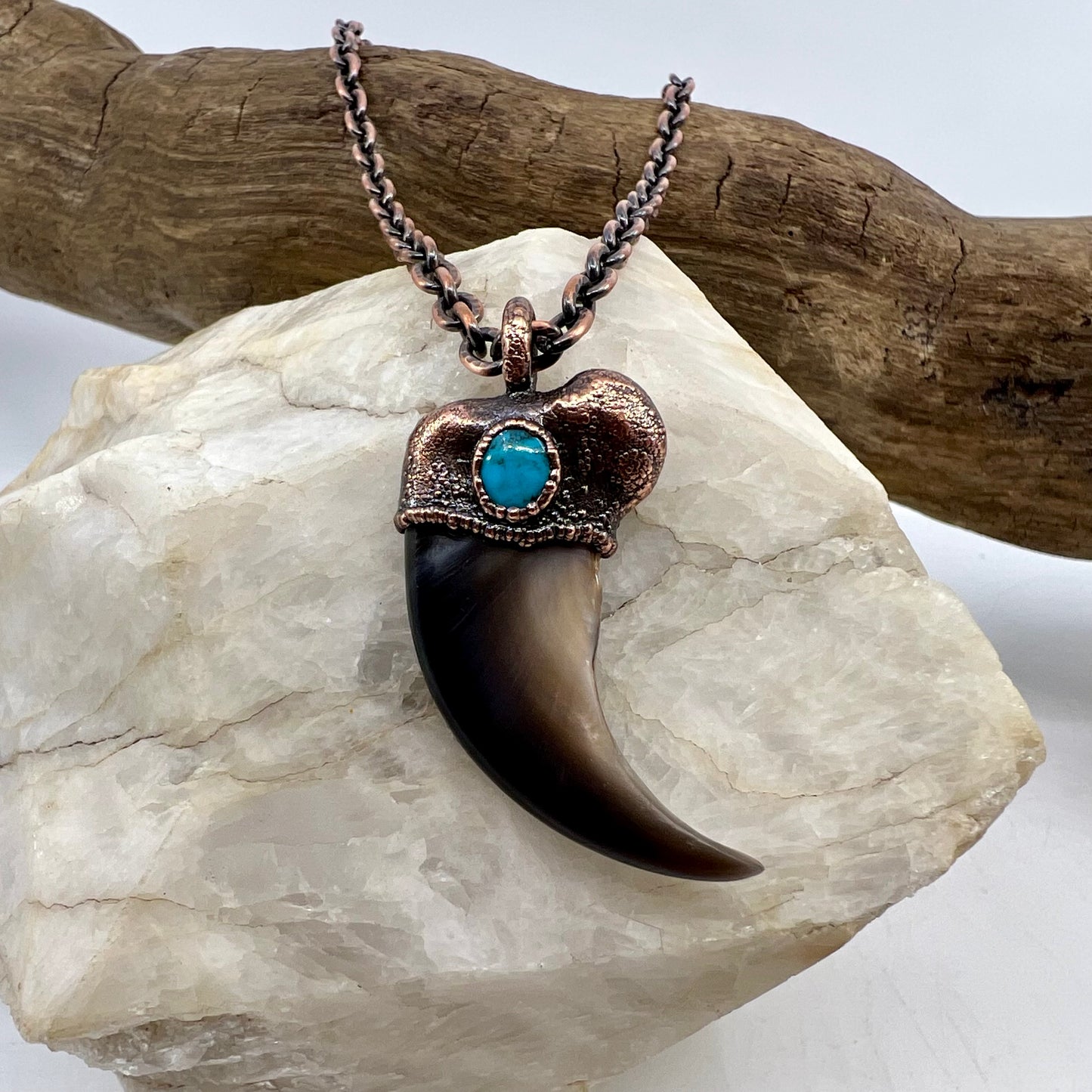 Black Bear Claw with Turquoise Accent, Large Front Claw - Copper Electroformed Necklace