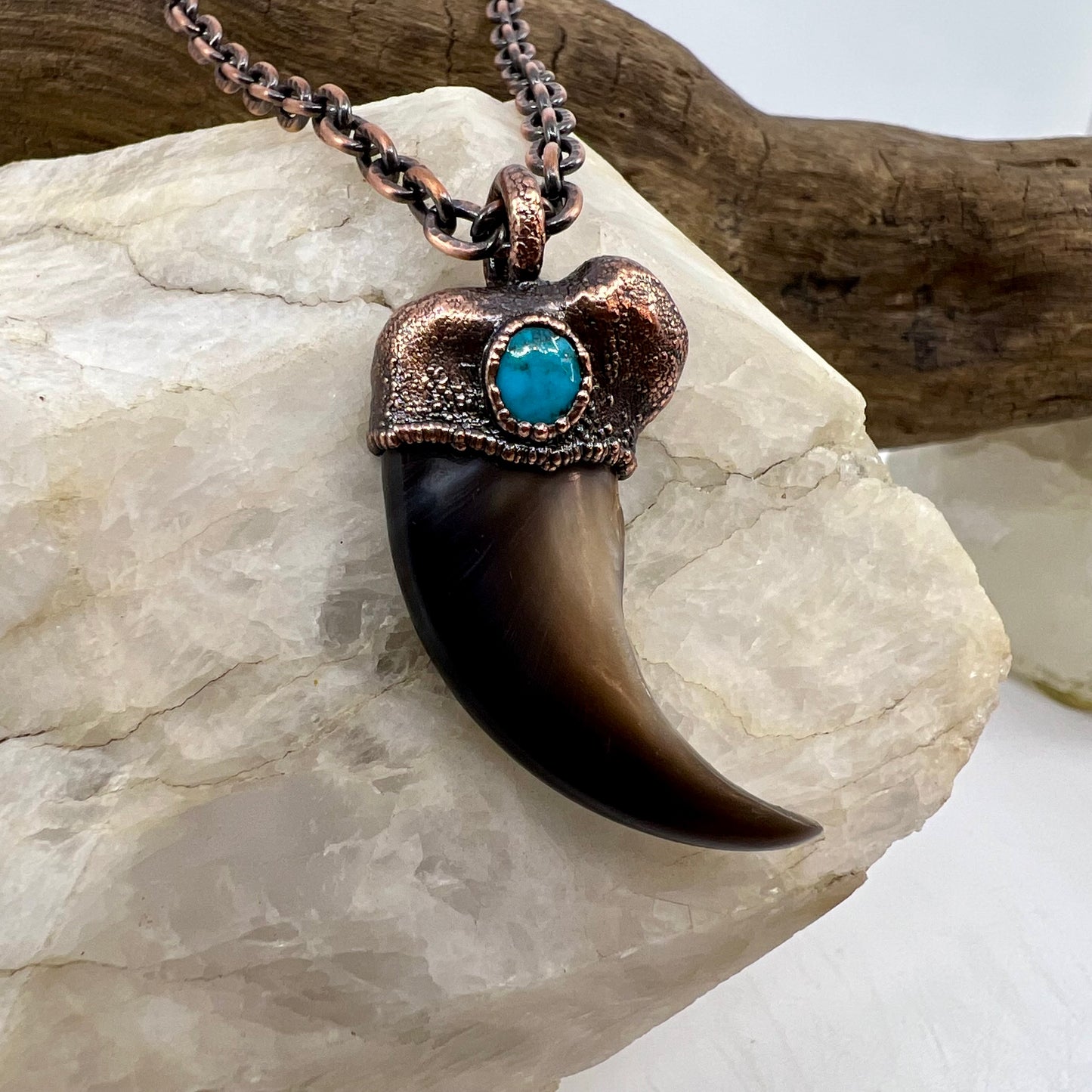 Black Bear Claw with Turquoise Accent, Large Front Claw - Copper Electroformed Necklace