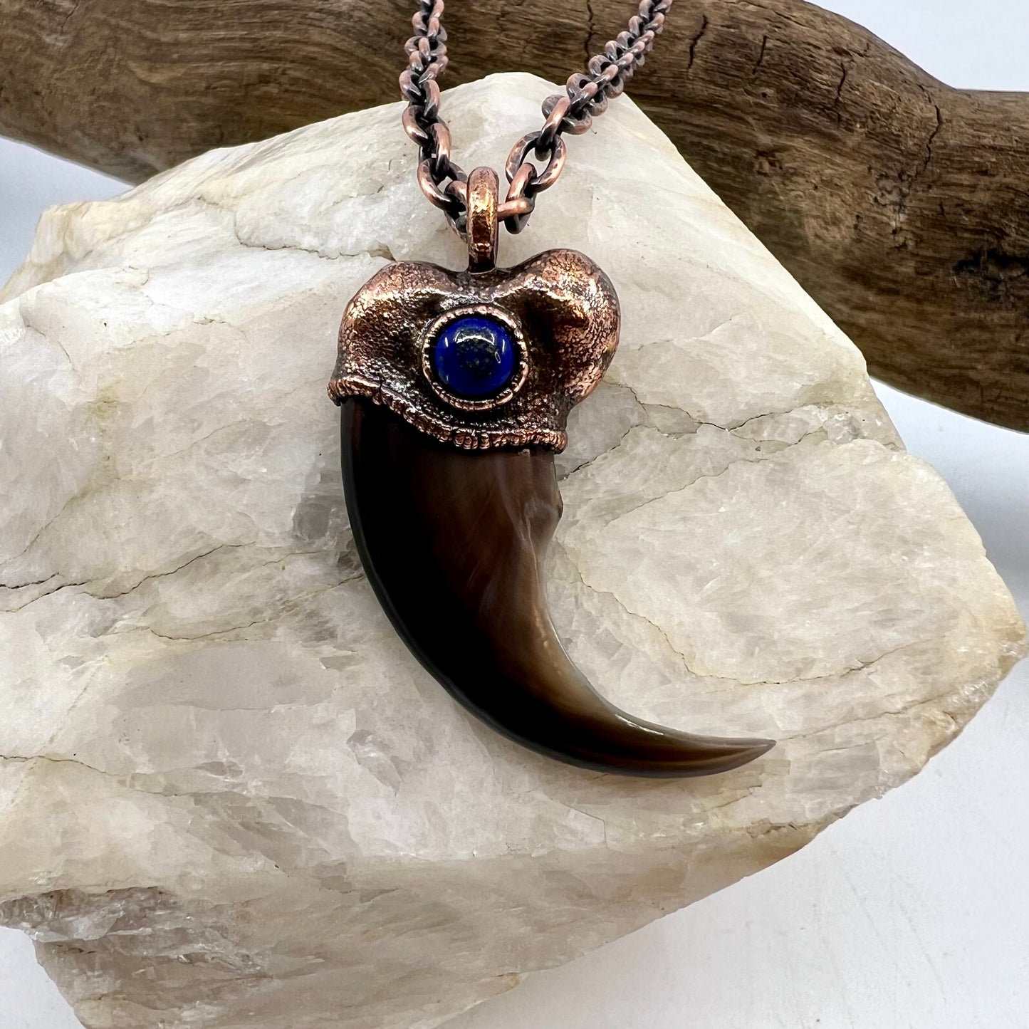 Black Bear Claw with Lapis Lazuli Accent, Large Front Claw - Copper Electroformed Necklace