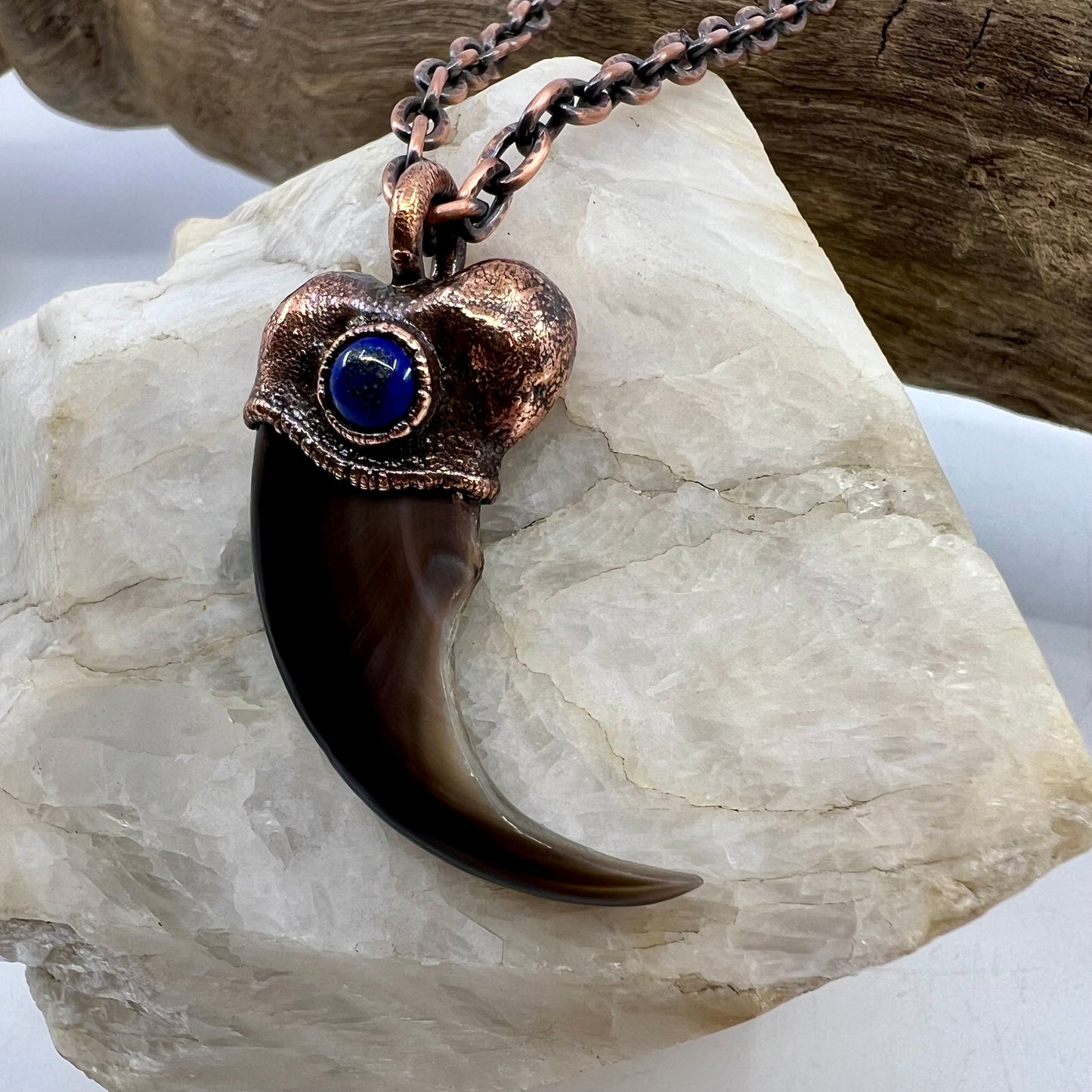 Black Bear Claw with Lapis Lazuli Accent, Large Front Claw - Copper Electroformed Necklace