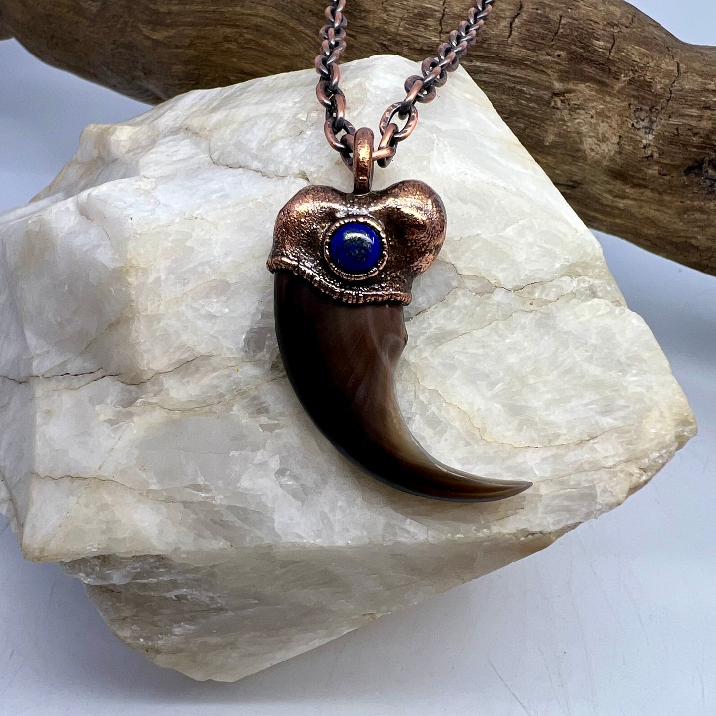 Black Bear Claw with Lapis Lazuli Accent, Large Front Claw - Copper Electroformed Necklace