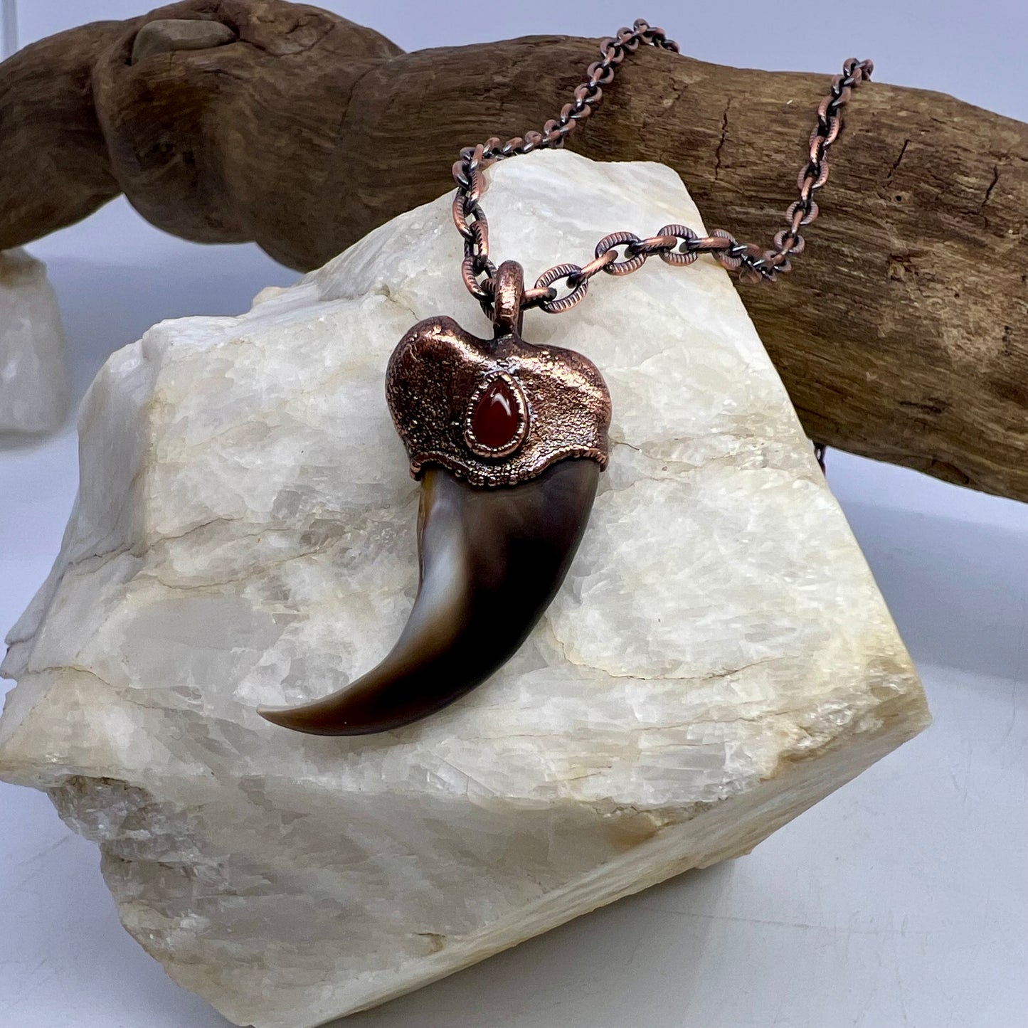 Black Bear Claw with Carnelian Accent, Med/Large Front Claw - Copper Electroformed Necklace