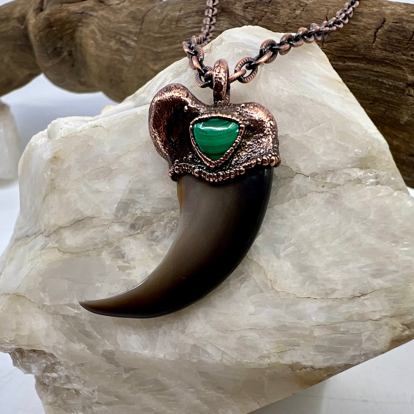 Black Bear Claw with Malachite Accent, Large Front Claw - Copper Electroformed Necklace