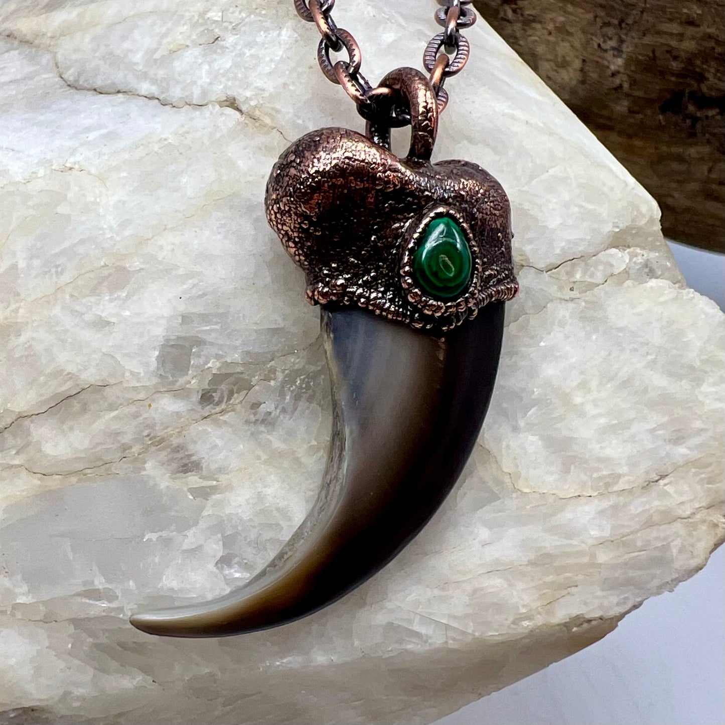 Black Bear Claw with Malachite Accent, Large Front Claw - Copper Electroformed Necklace