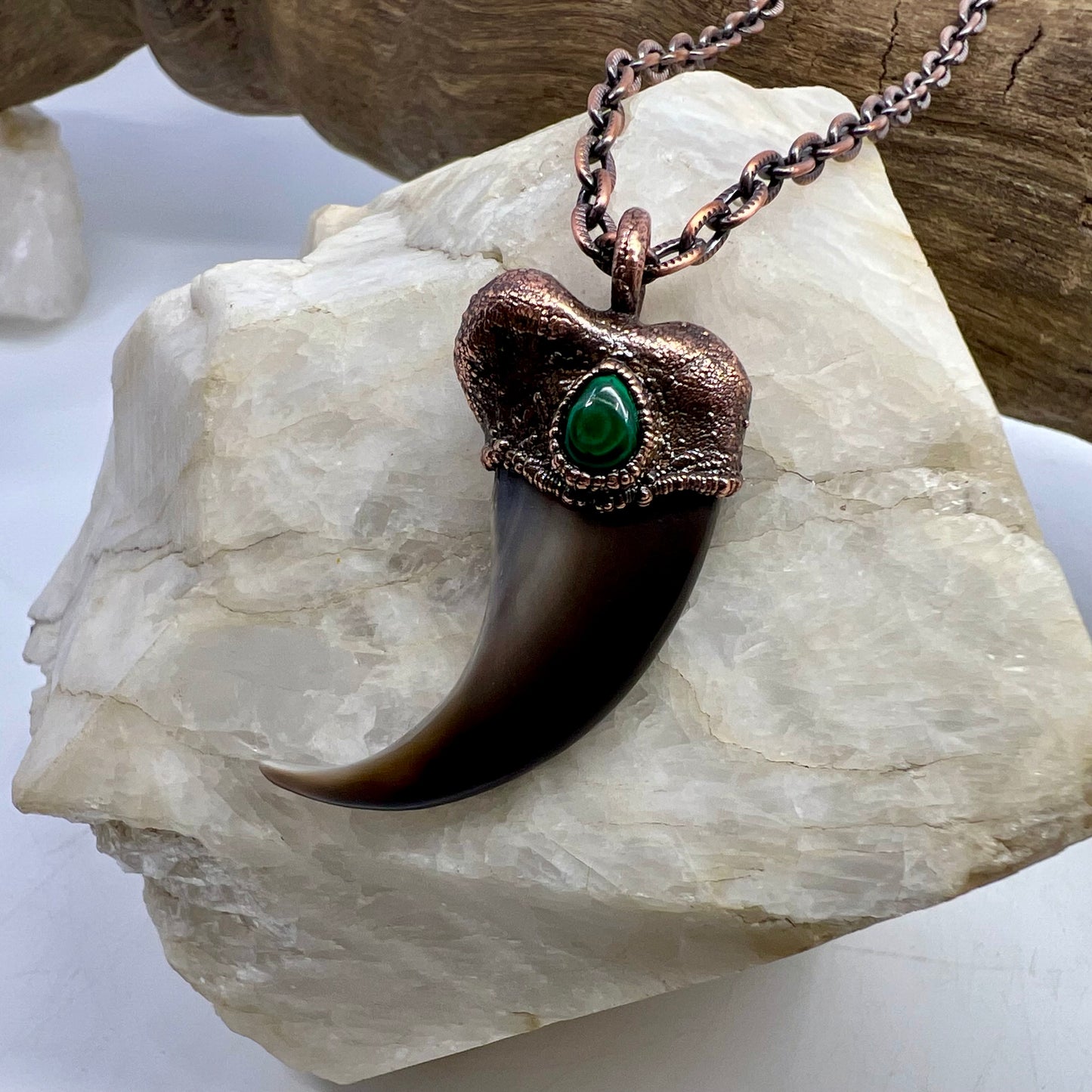 Black Bear Claw with Malachite Accent, Large Front Claw - Copper Electroformed Necklace