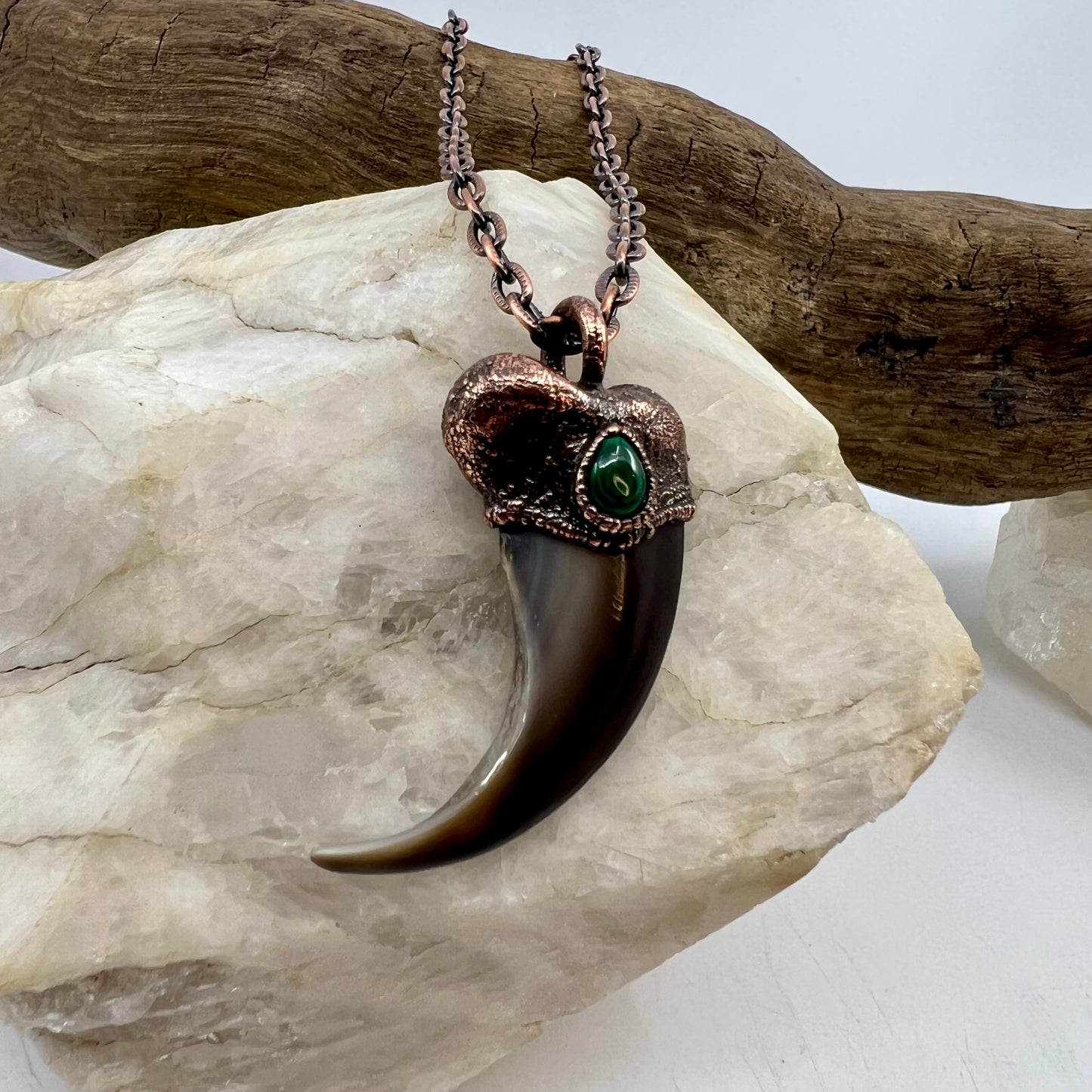 Black Bear Claw with Malachite Accent, Large Front Claw - Copper Electroformed Necklace