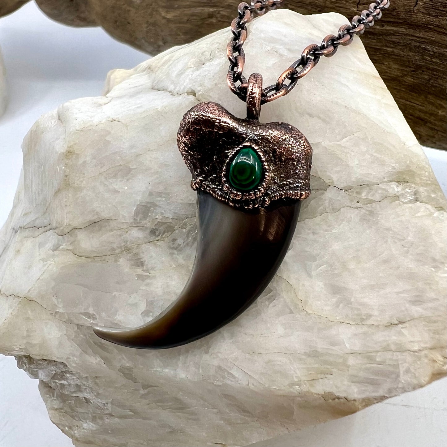 Black Bear Claw with Malachite Accent, Large Front Claw - Copper Electroformed Necklace