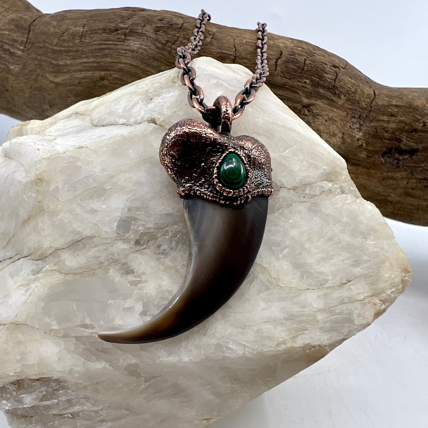 Black Bear Claw with Malachite Accent, Large Front Claw - Copper Electroformed Necklace