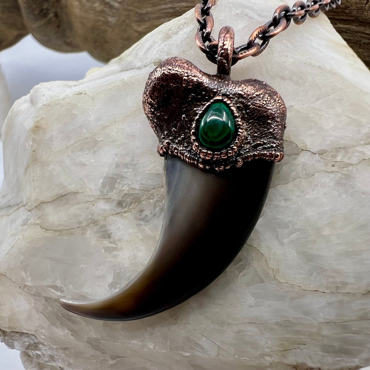 Black Bear Claw with Malachite Accent, Large Front Claw - Copper Electroformed Necklace