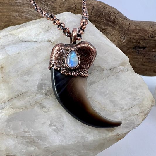 Black Bear Claw with Moonstone Accent, Large Front Claw - Copper Electroformed Necklace