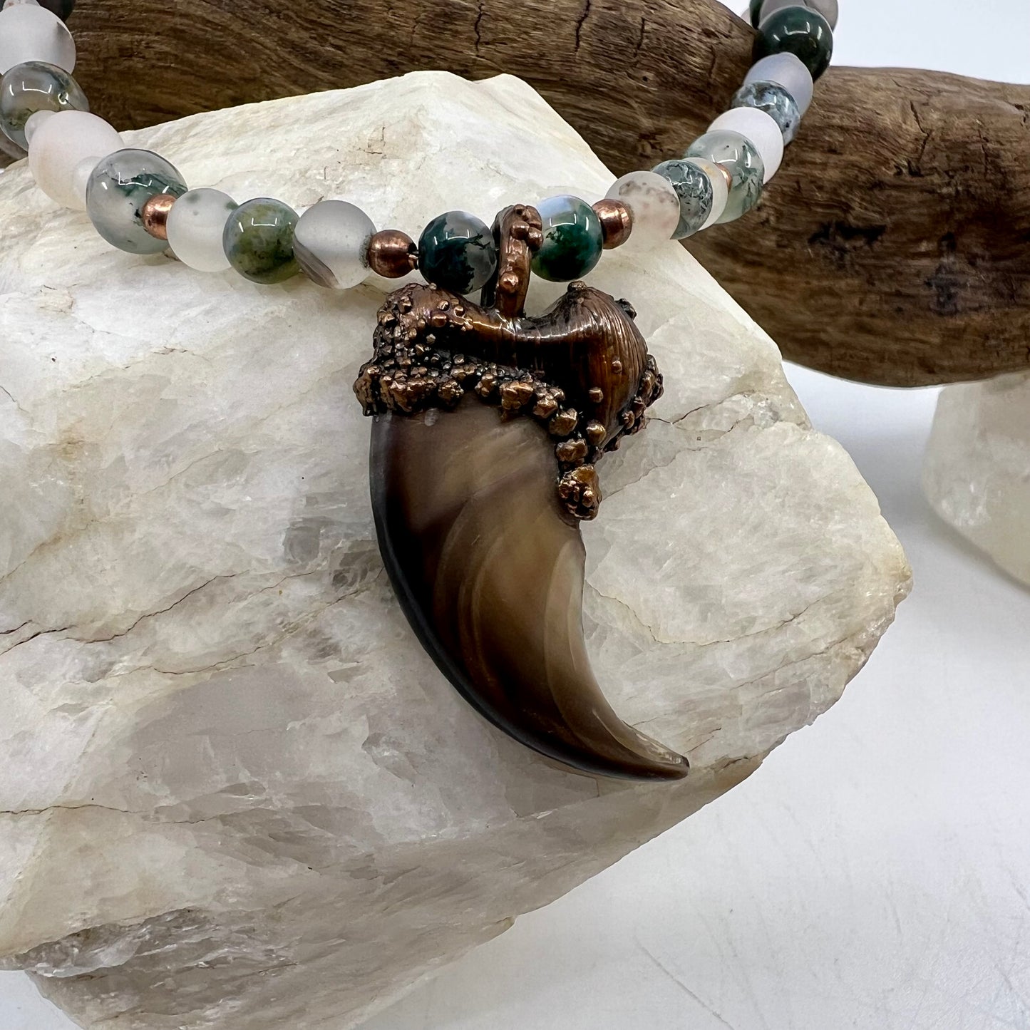 Black Bear Claw on Jasper and Montana Agate Bead Strand, Med/Lg Rear Claw - Copper Electroformed Necklace