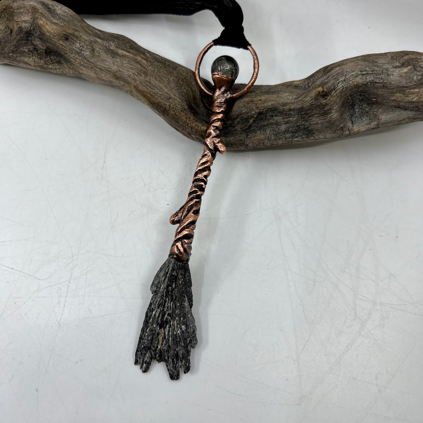 Kyanite Witch's Broom Necklace - Copper Electroformed