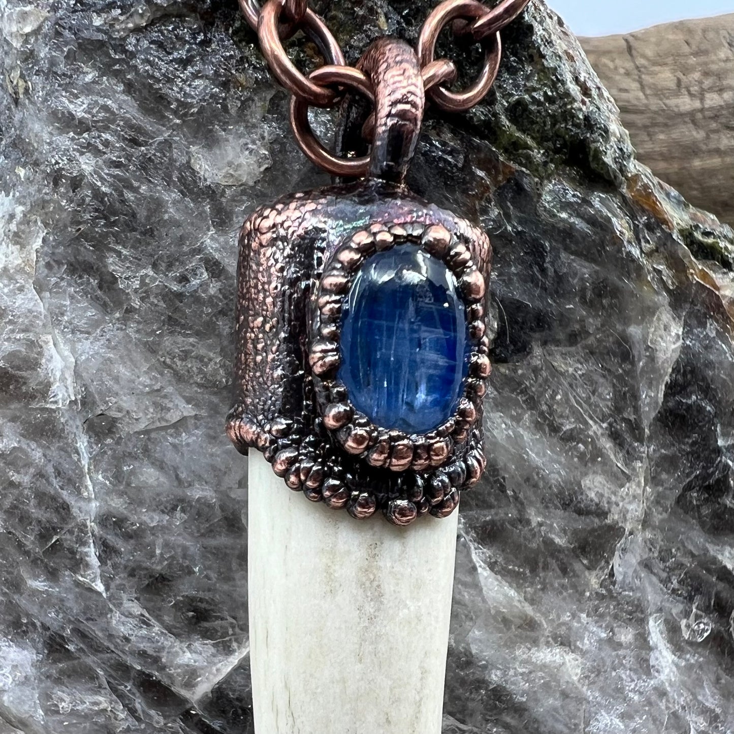 Antler Tip Necklace with Kyanite Accent - Copper Electroformed