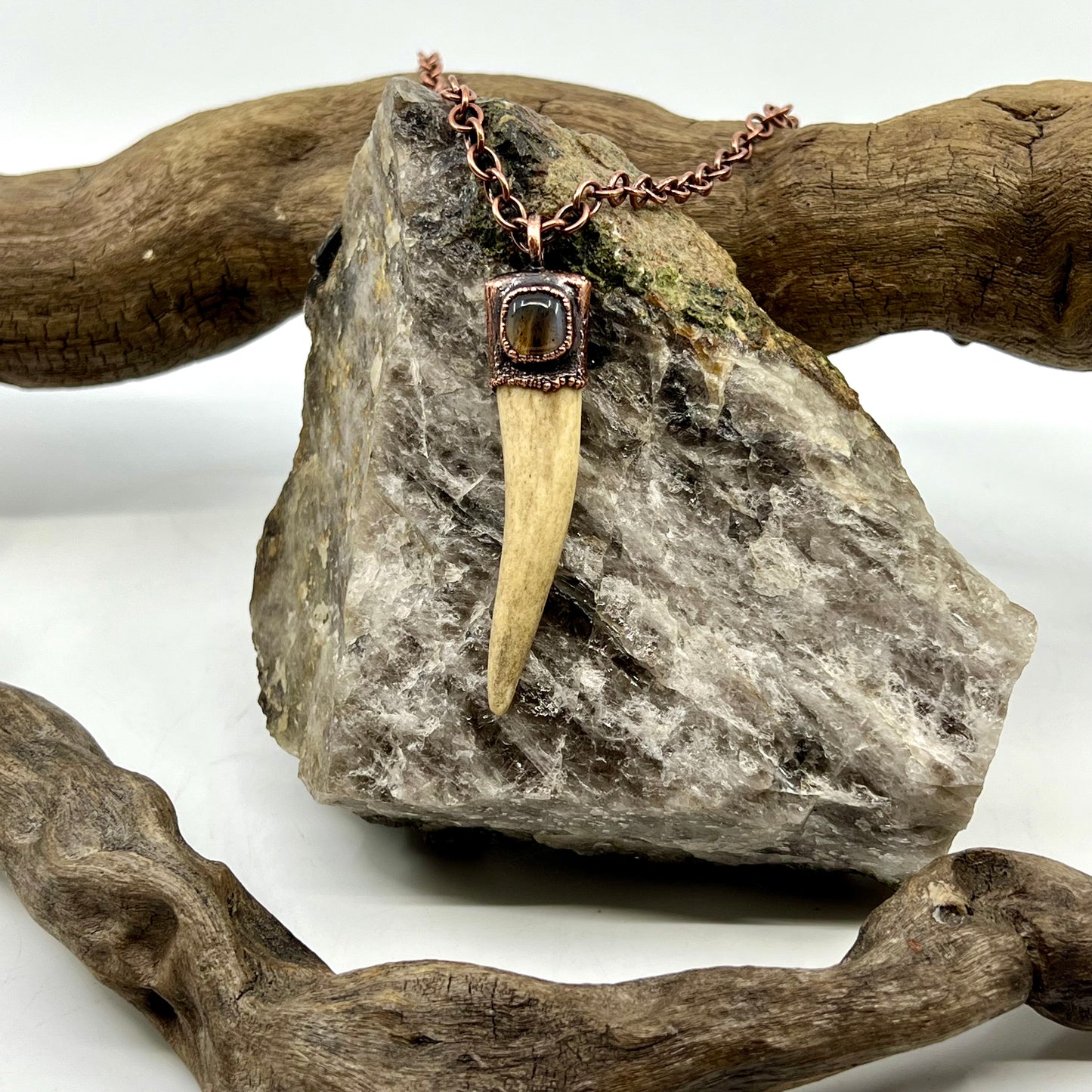 Antler Tip Necklace with Montana Agate Accent- Copper Electroformed