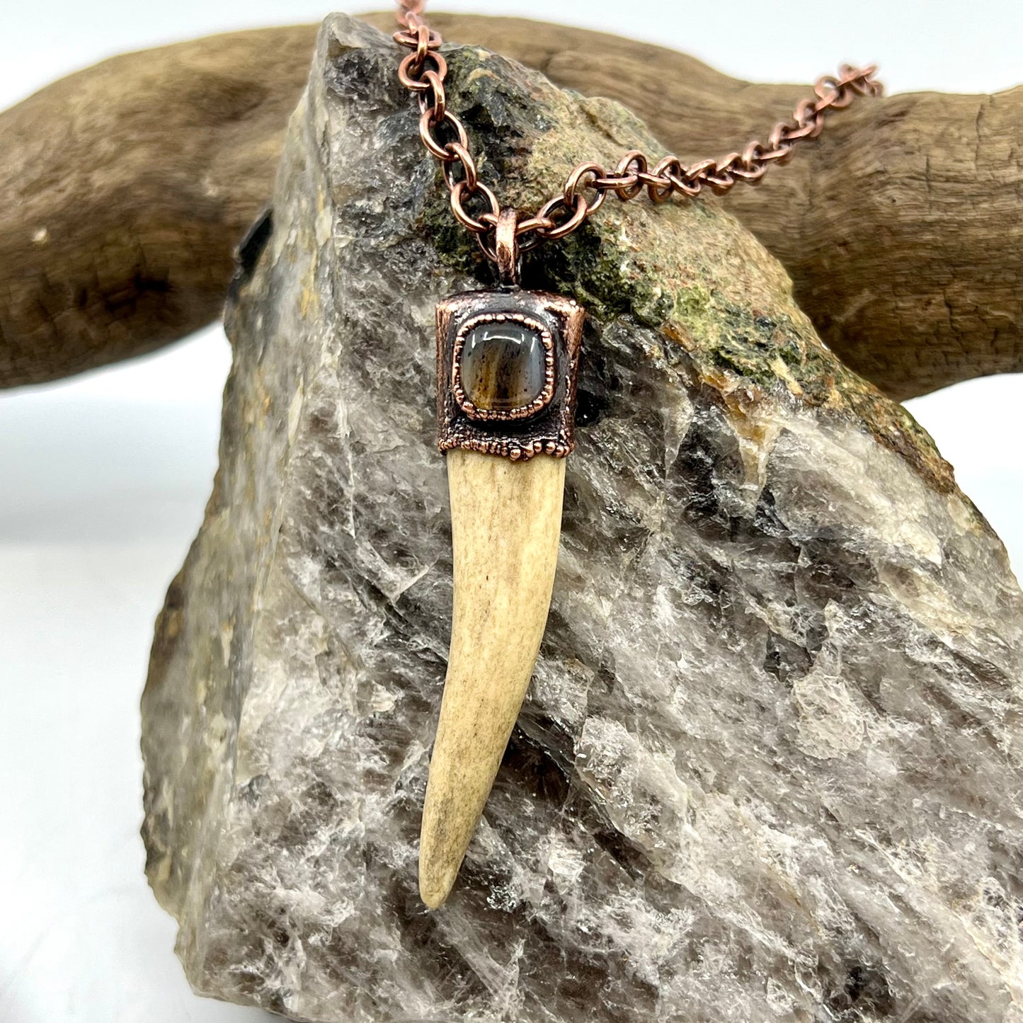 Antler Tip Necklace with Montana Agate Accent- Copper Electroformed