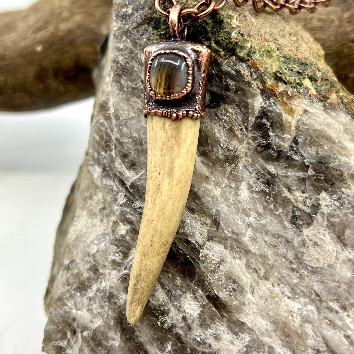 Antler Tip Necklace with Montana Agate Accent- Copper Electroformed