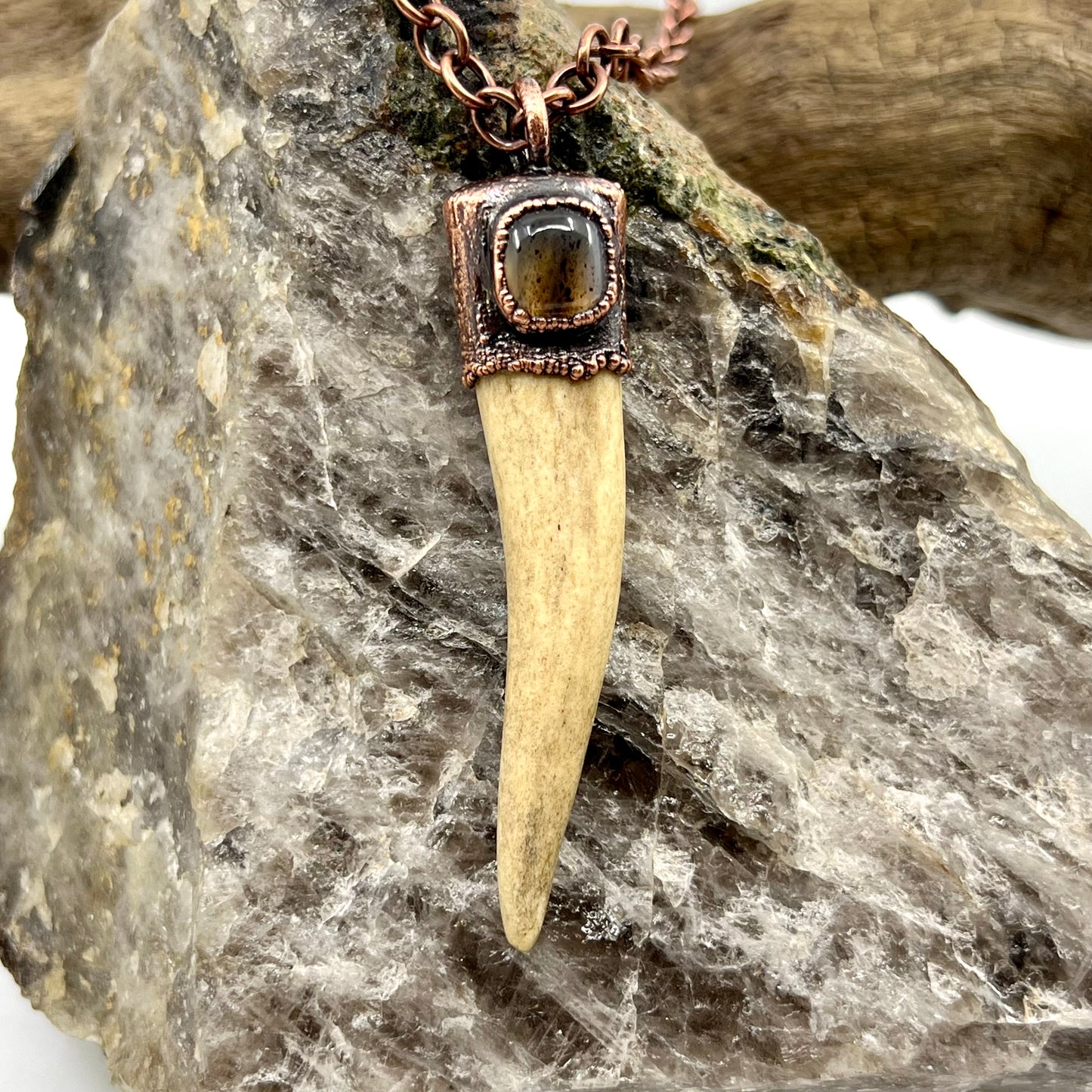 Antler Tip Necklace with Montana Agate Accent- Copper Electroformed