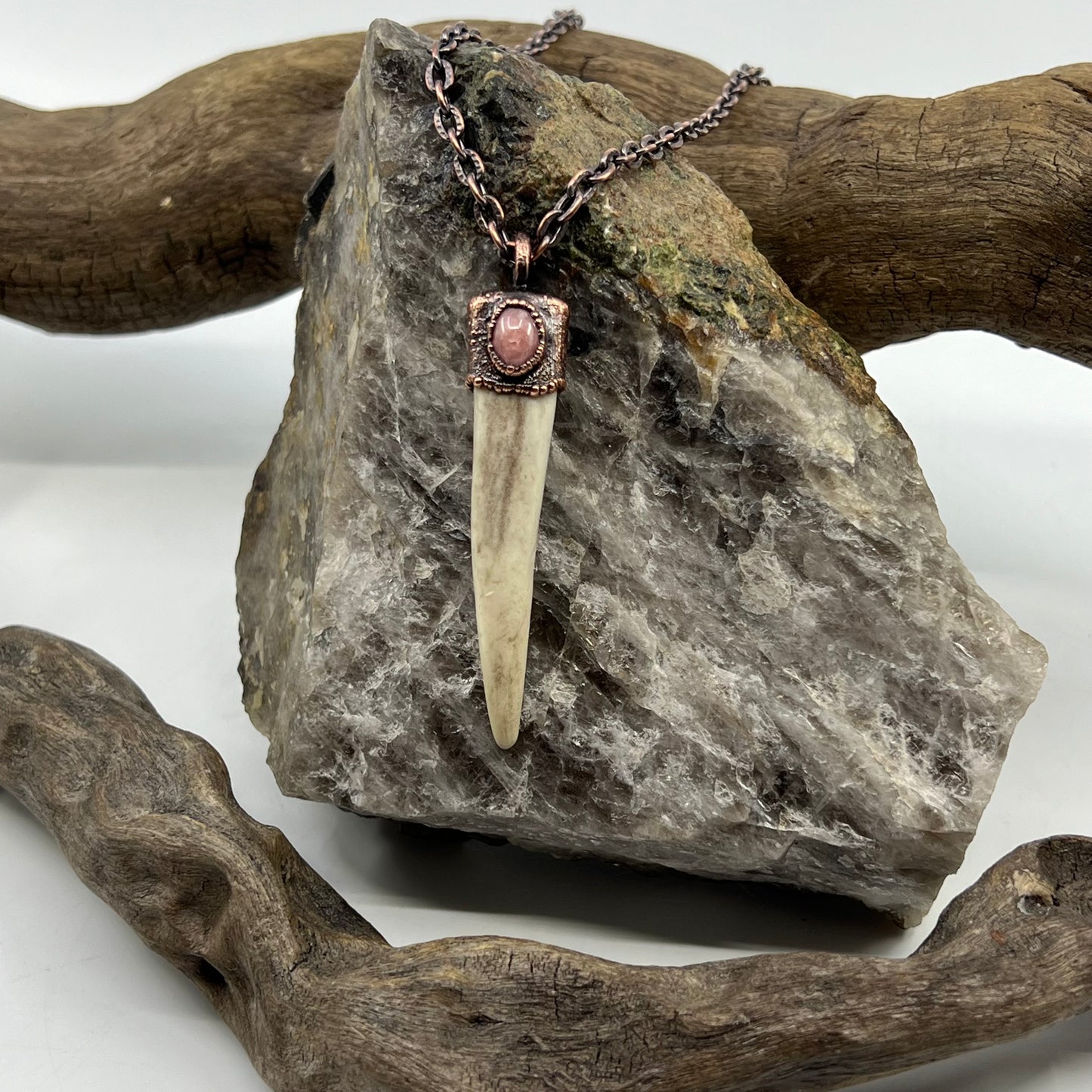 Antler Tip Necklace with Rhodochrosite Accent- Copper Electroformed