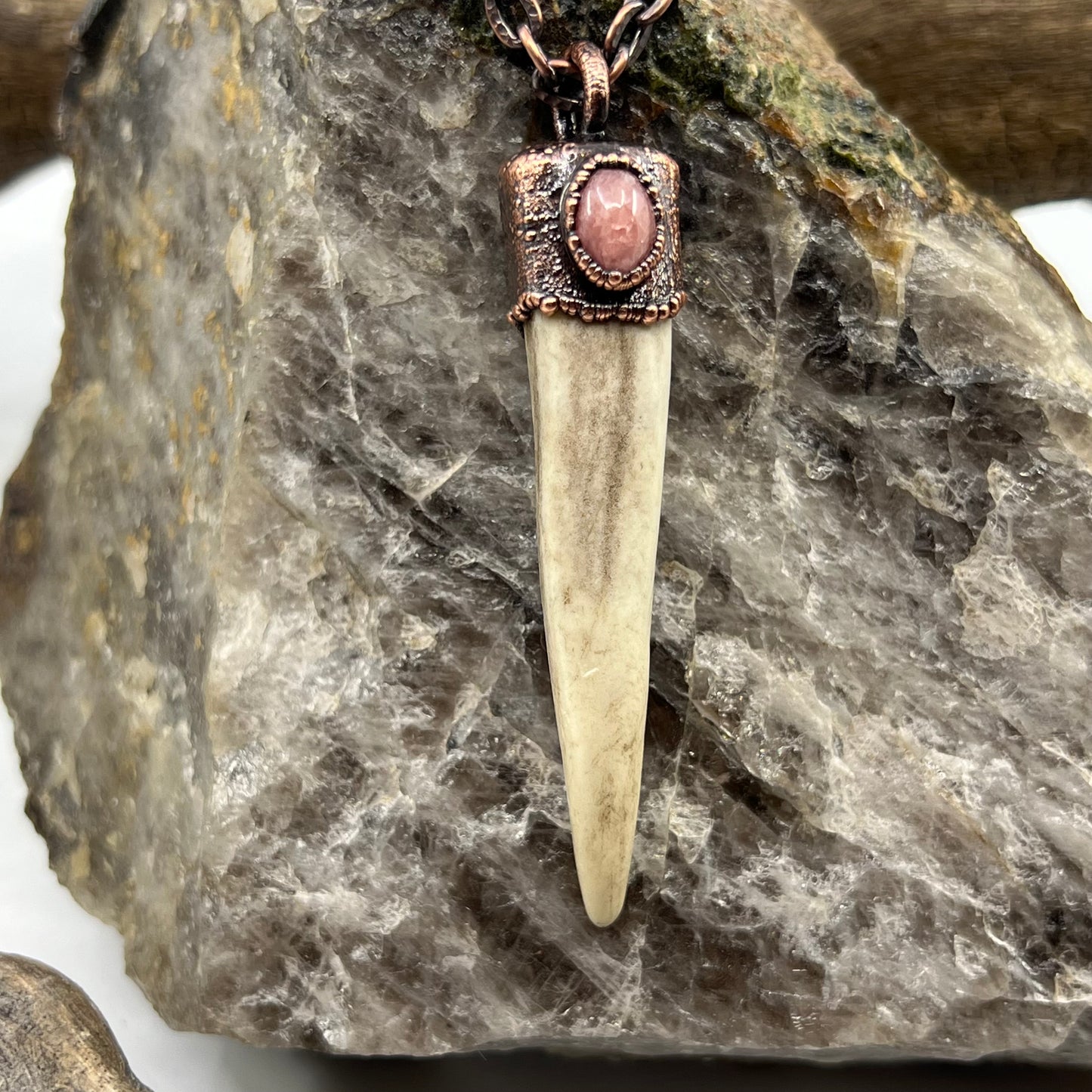 Antler Tip Necklace with Rhodochrosite Accent- Copper Electroformed