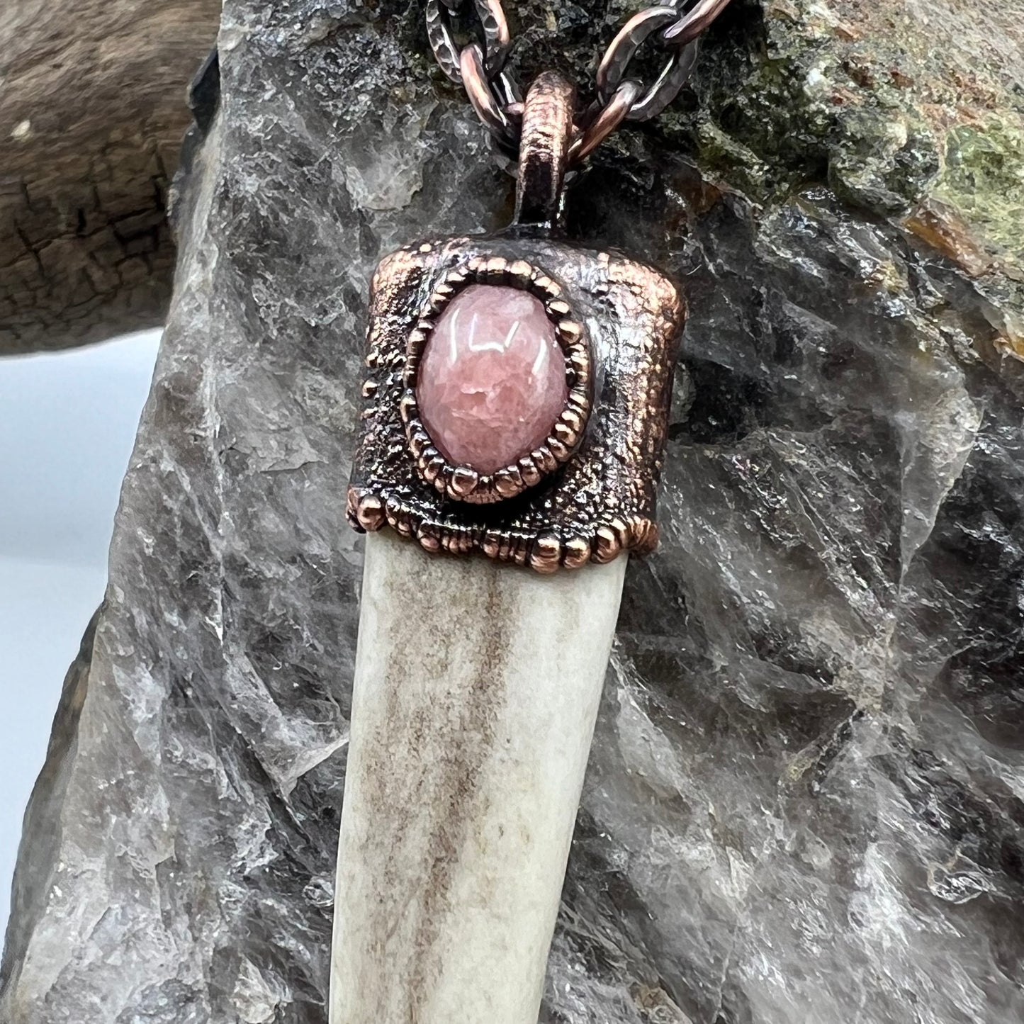 Antler Tip Necklace with Rhodochrosite Accent- Copper Electroformed