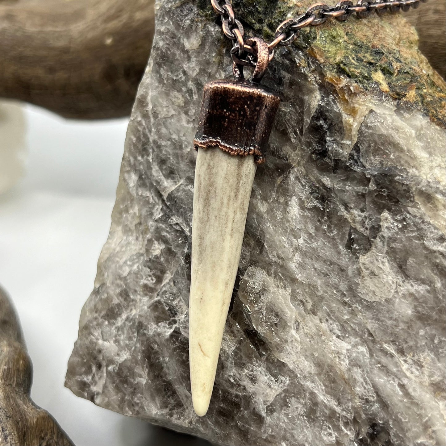 Antler Tip Necklace with Rhodochrosite Accent- Copper Electroformed