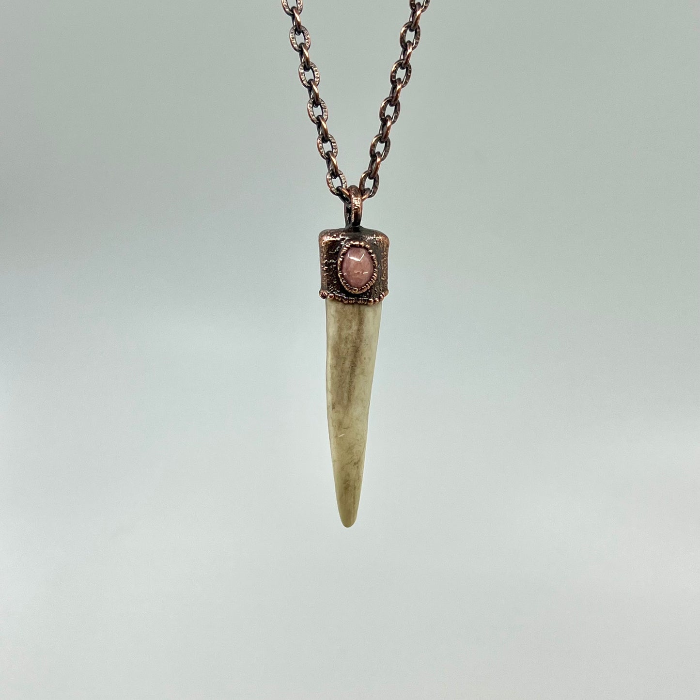 Antler Tip Necklace with Rhodochrosite Accent- Copper Electroformed