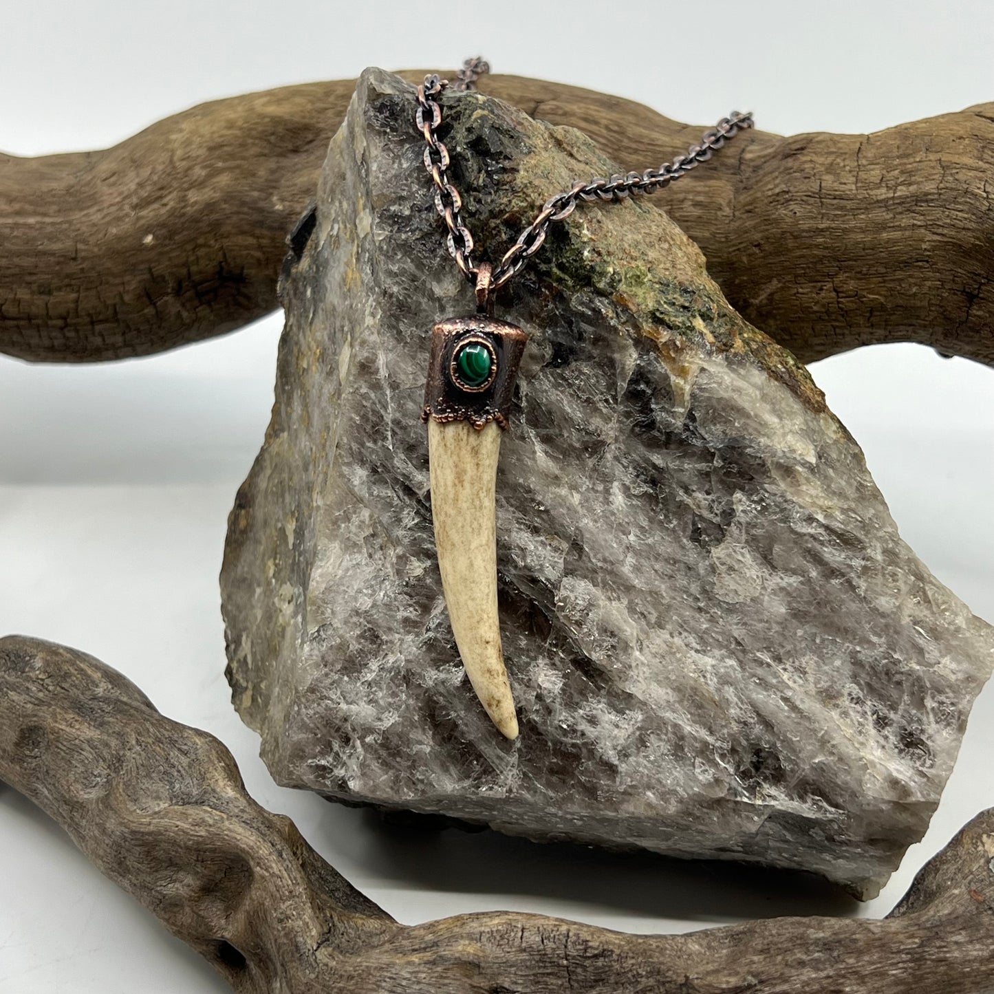 Antler Tip Necklace with Malachite Accent - Copper Electroformed