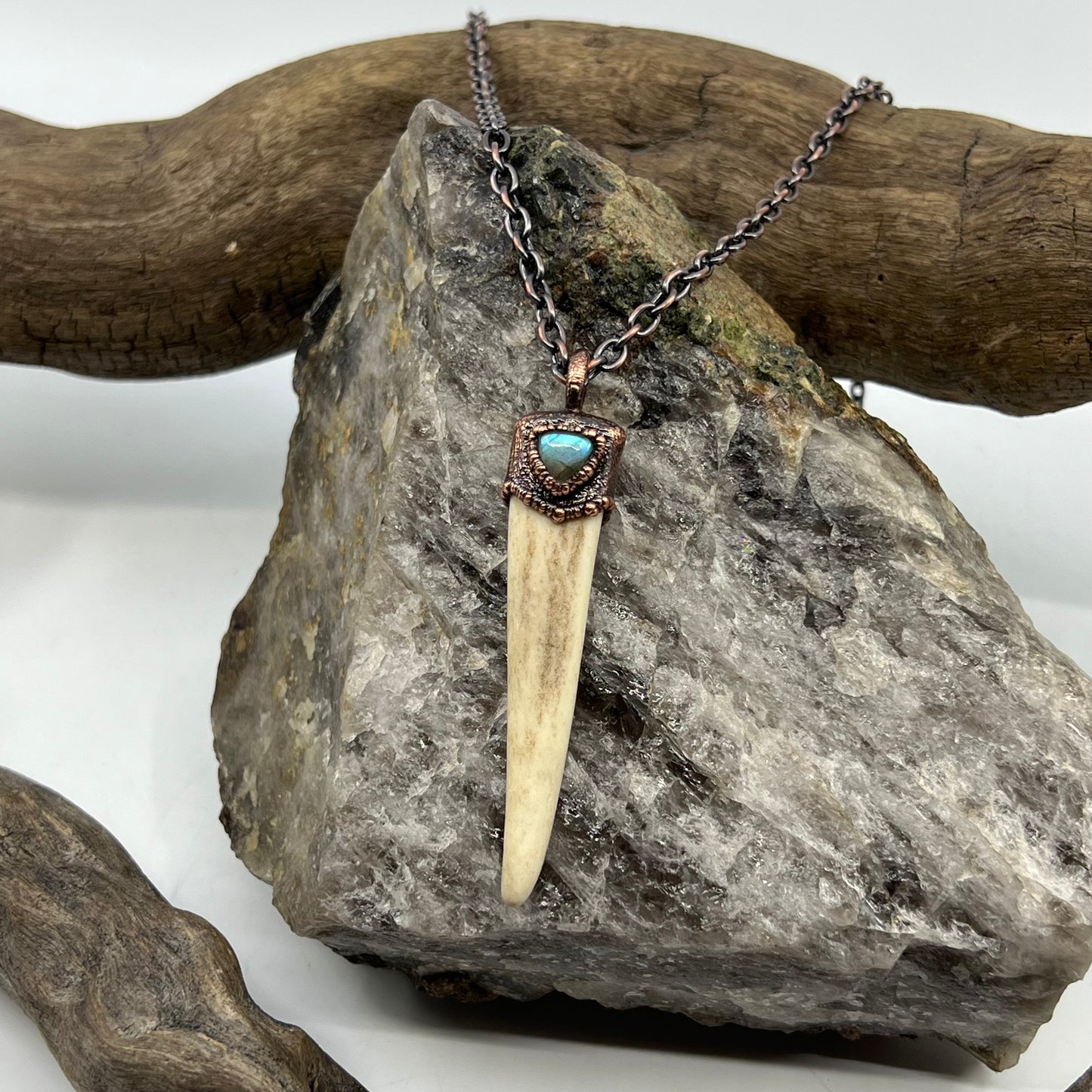 Antler Tip Necklace with Labradorite Accent - Copper Electroformed