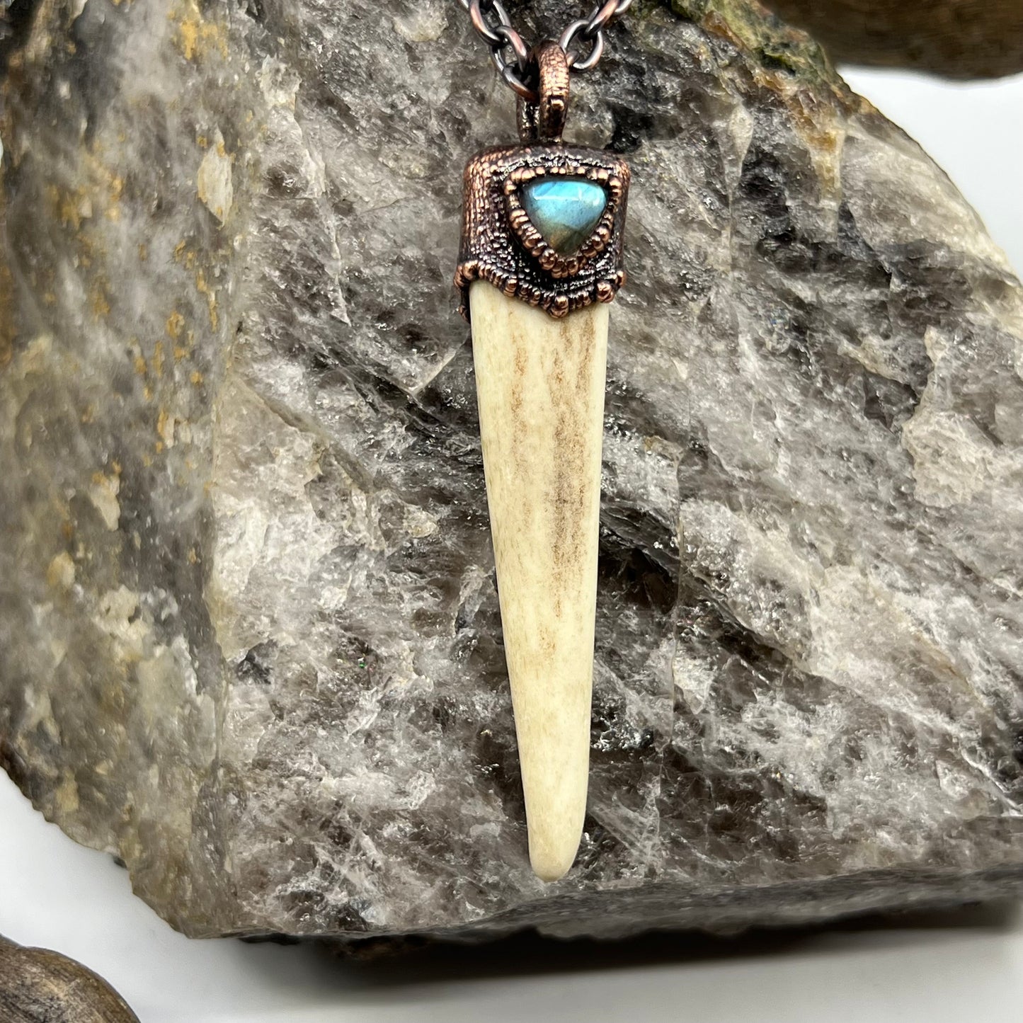 Antler Tip Necklace with Labradorite Accent - Copper Electroformed