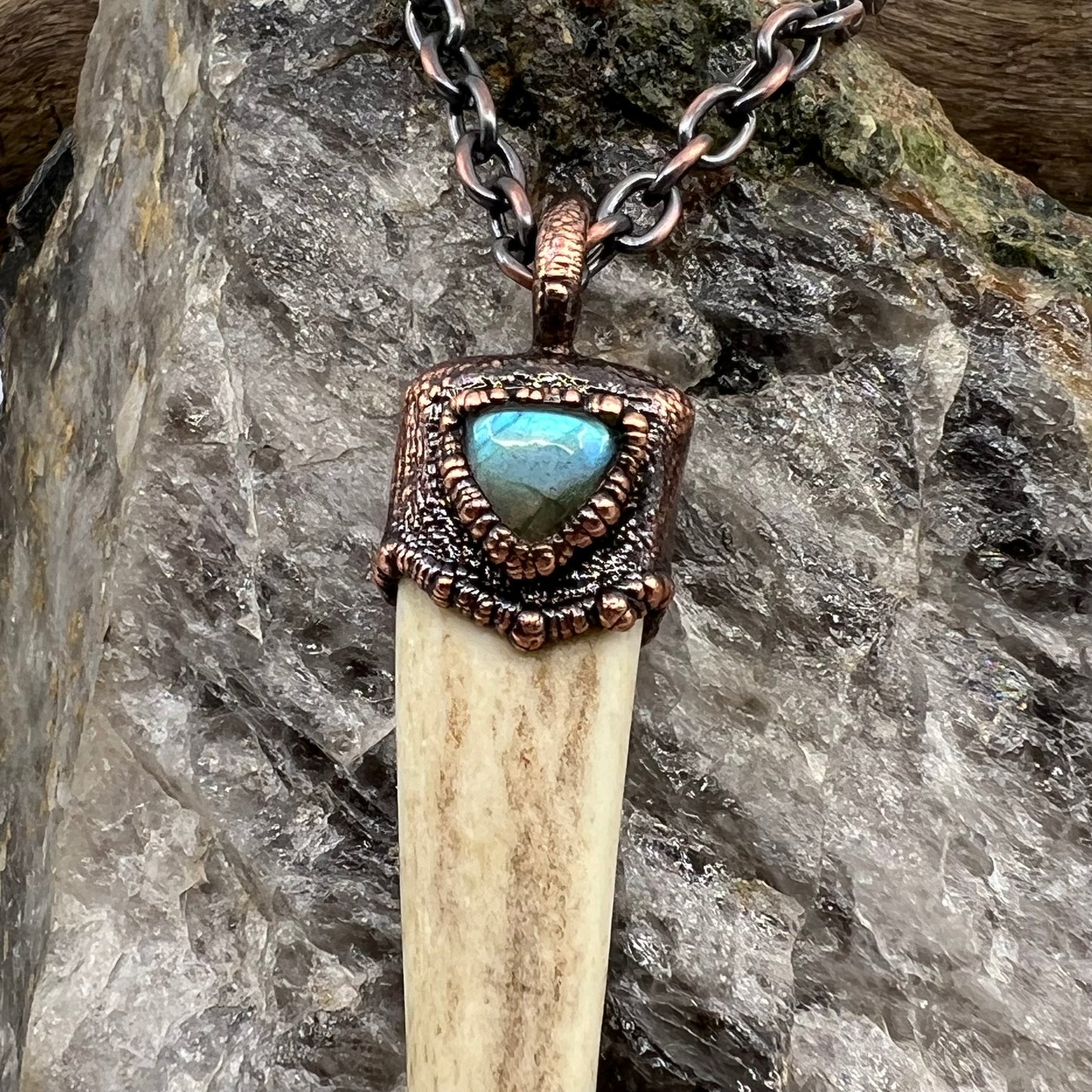 Antler Tip Necklace with Labradorite Accent - Copper Electroformed