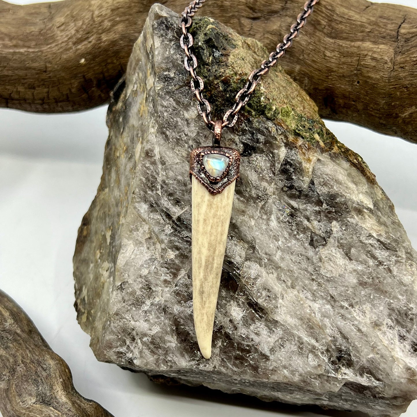 Antler Tip Necklace with Rainbow Moonstone Accent - Copper Electroformed