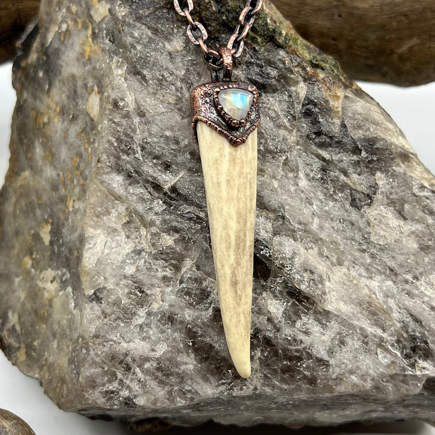 Antler Tip Necklace with Rainbow Moonstone Accent - Copper Electroformed