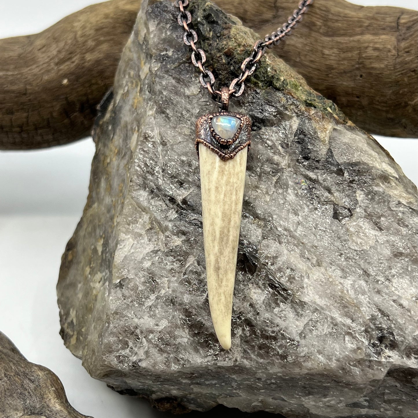 Antler Tip Necklace with Rainbow Moonstone Accent - Copper Electroformed