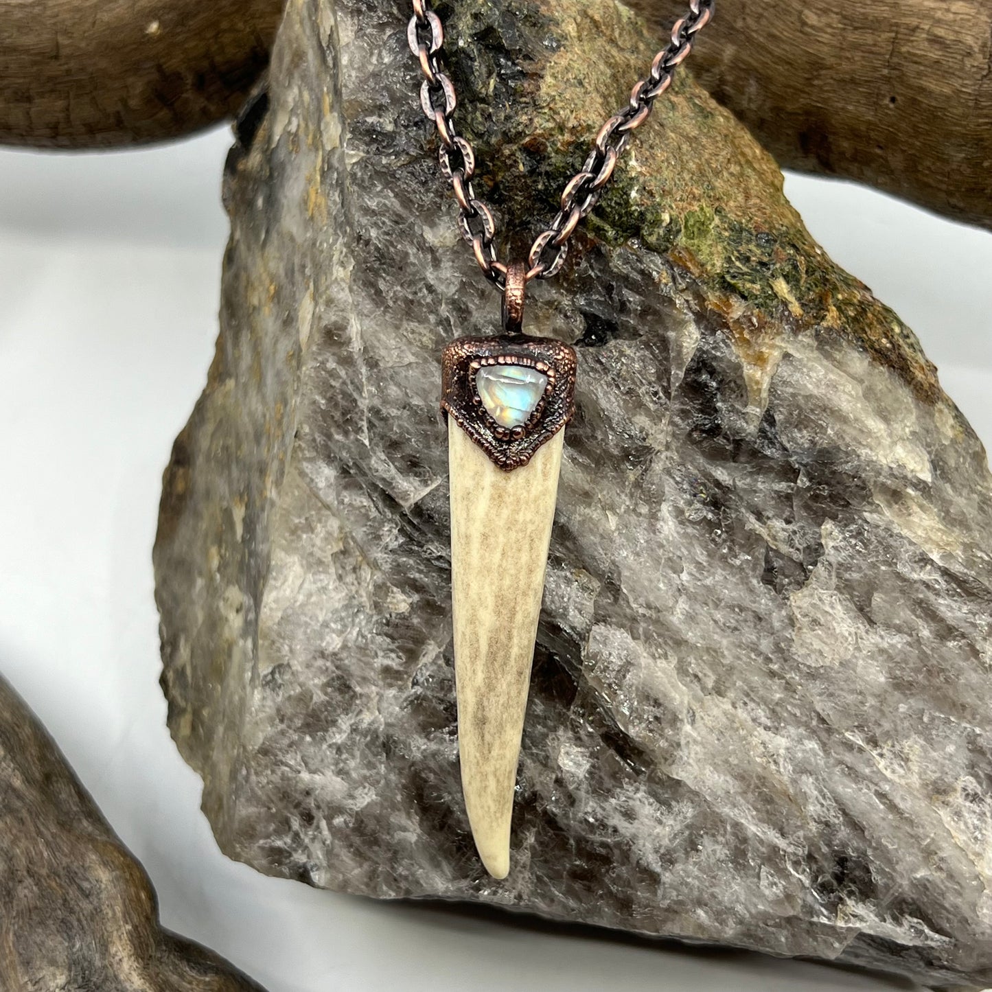 Antler Tip Necklace with Rainbow Moonstone Accent - Copper Electroformed