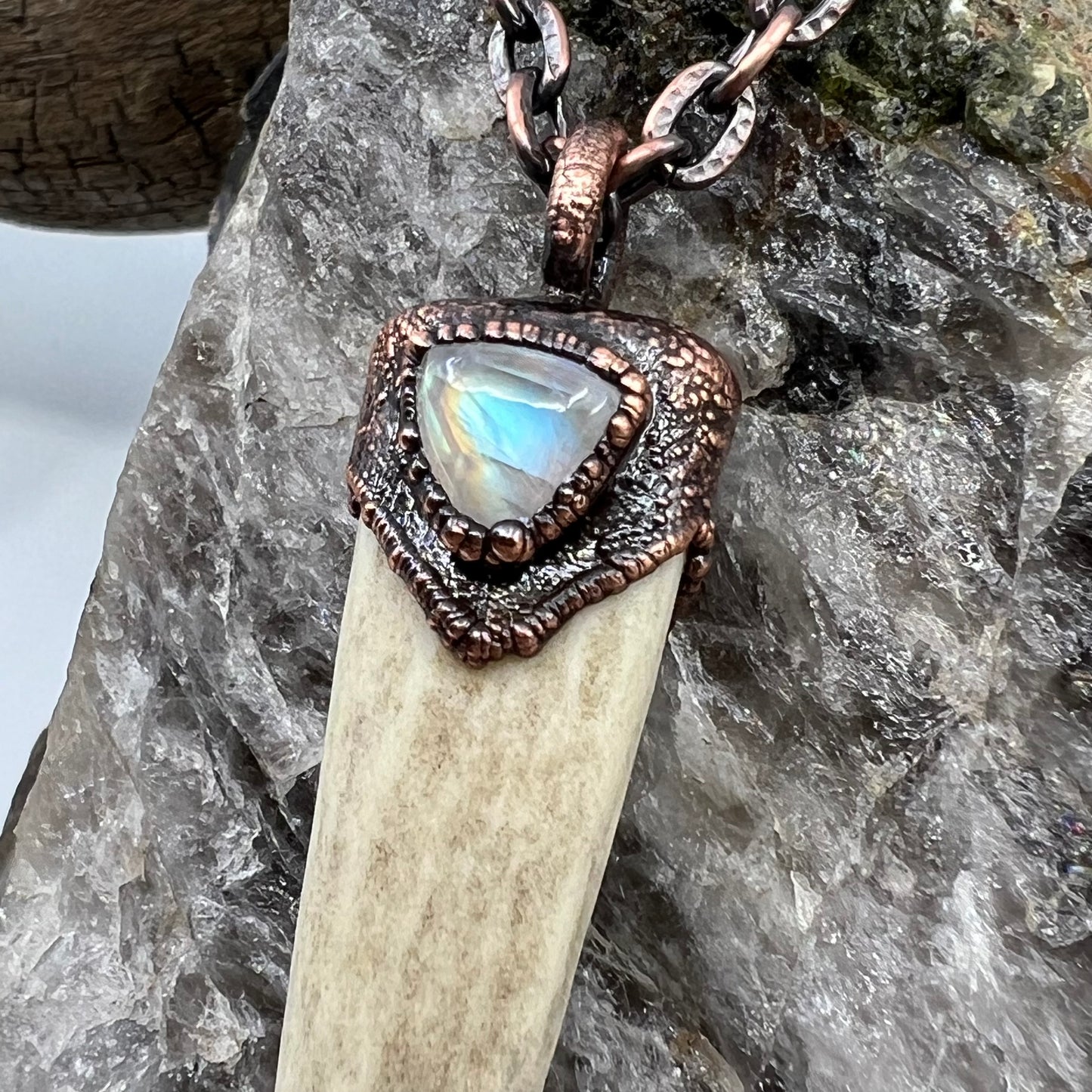 Antler Tip Necklace with Rainbow Moonstone Accent - Copper Electroformed