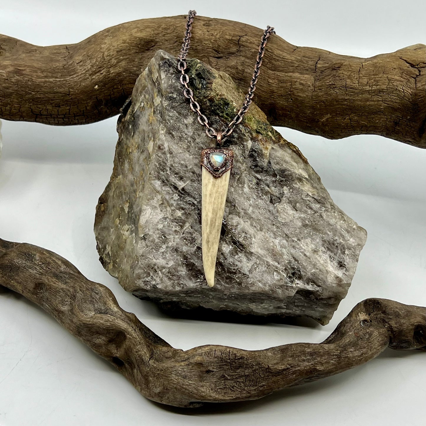 Antler Tip Necklace with Rainbow Moonstone Accent - Copper Electroformed