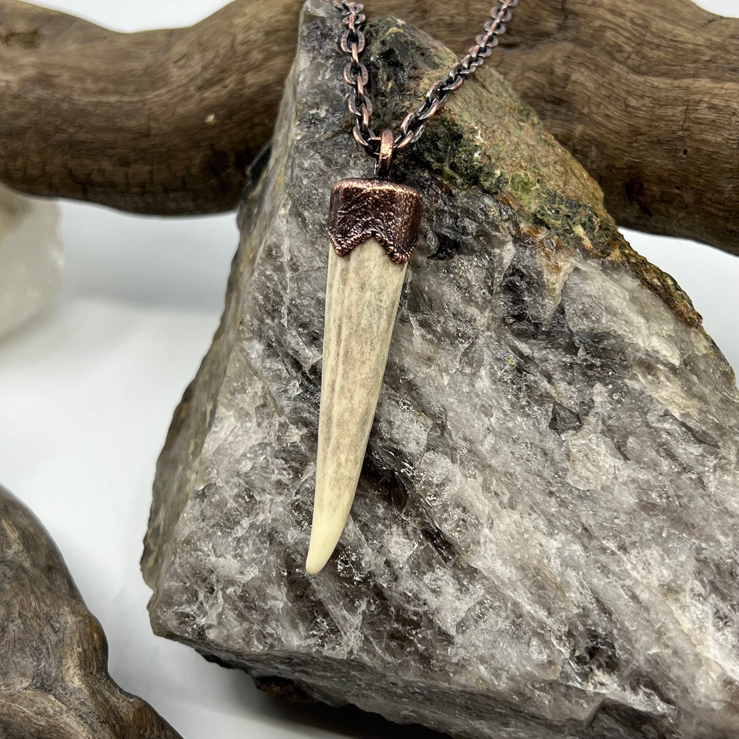 Antler Tip Necklace with Rainbow Moonstone Accent - Copper Electroformed