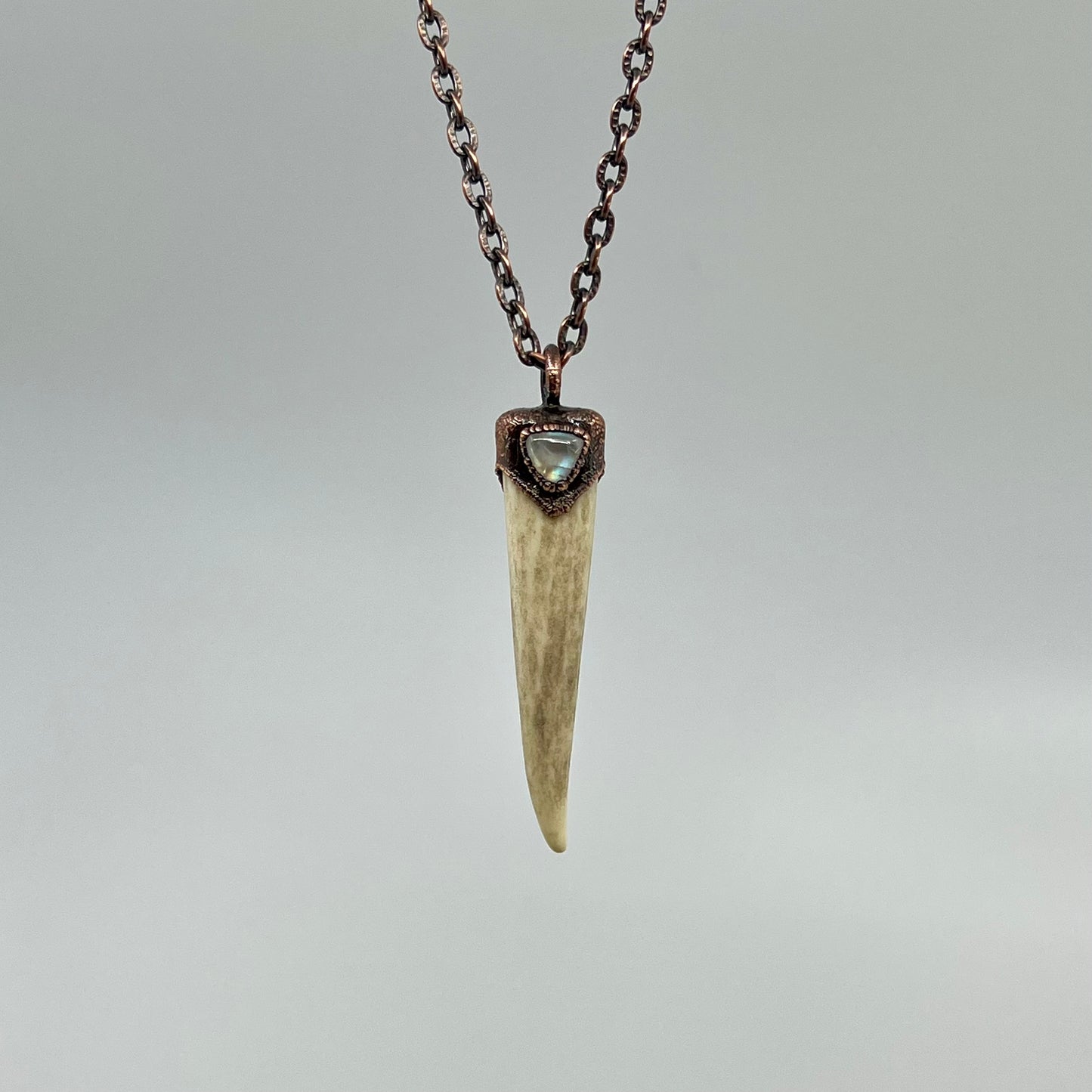 Antler Tip Necklace with Rainbow Moonstone Accent - Copper Electroformed