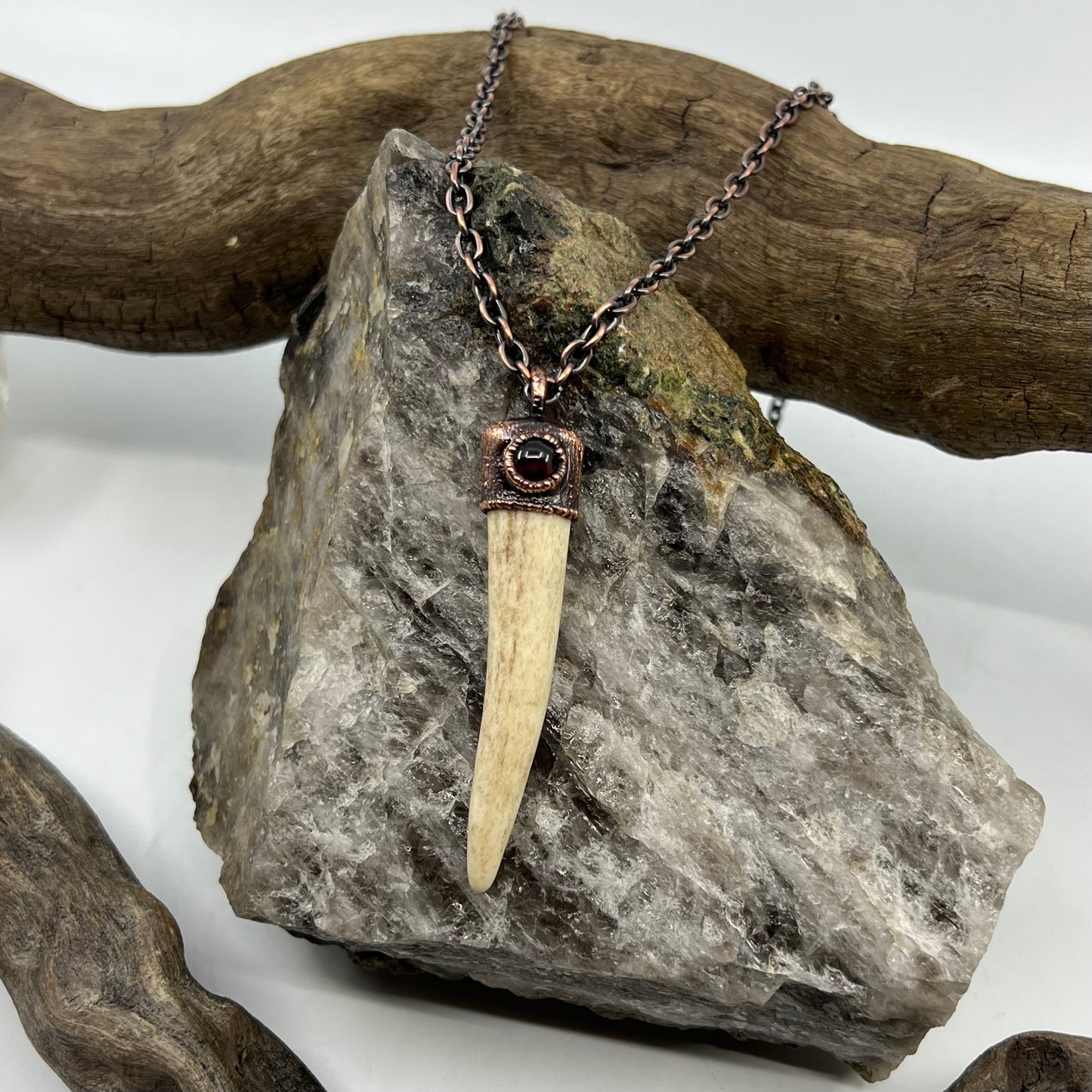 Antler Tip Necklace with Garnet Accent- Copper Electroformed