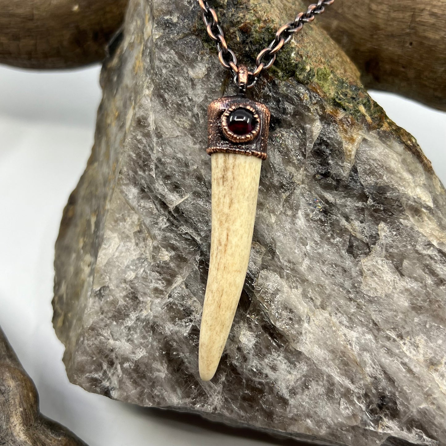 Antler Tip Necklace with Garnet Accent- Copper Electroformed