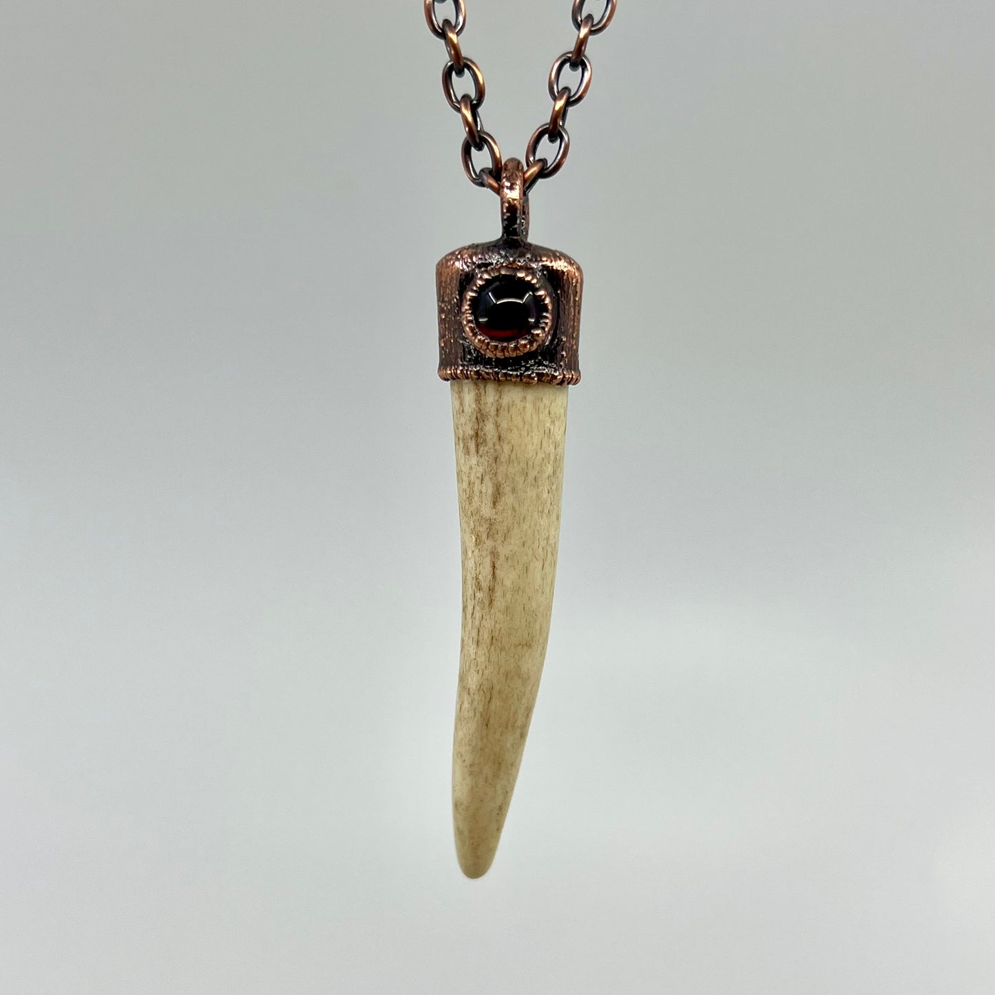 Antler Tip Necklace with Garnet Accent- Copper Electroformed