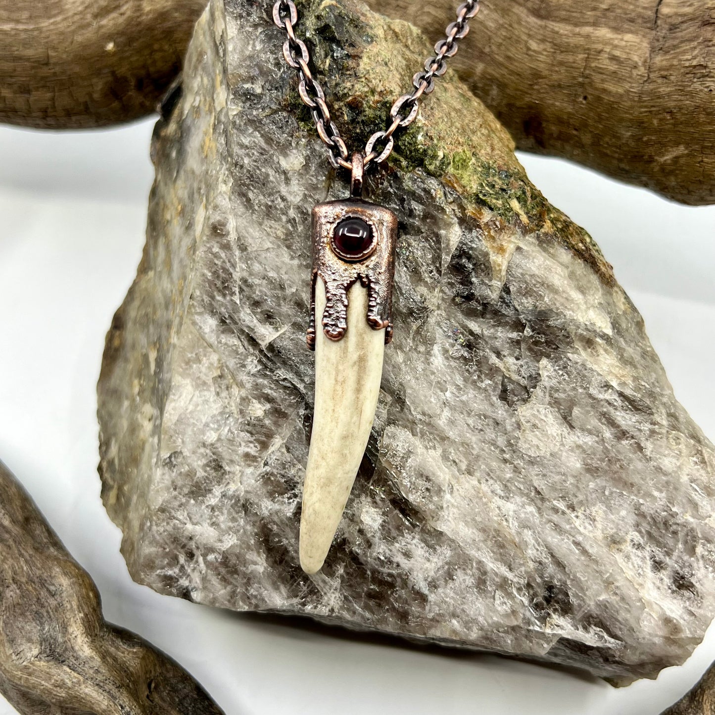 Antler Tip Necklace with Garnet Accent- Copper Electroformed